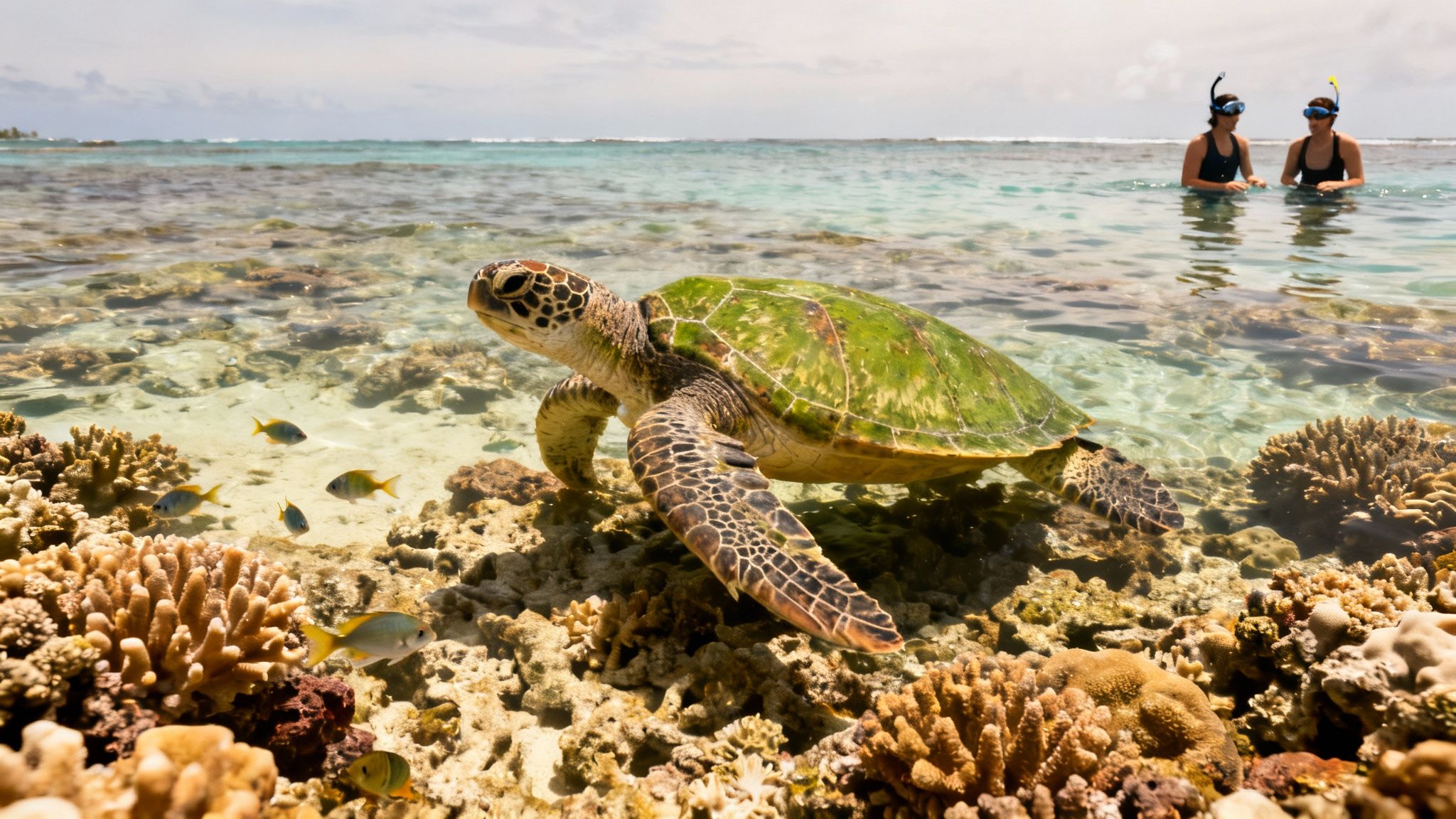 A green sea turtle swims over coral in clear shallow water, with two snorkelers observing.