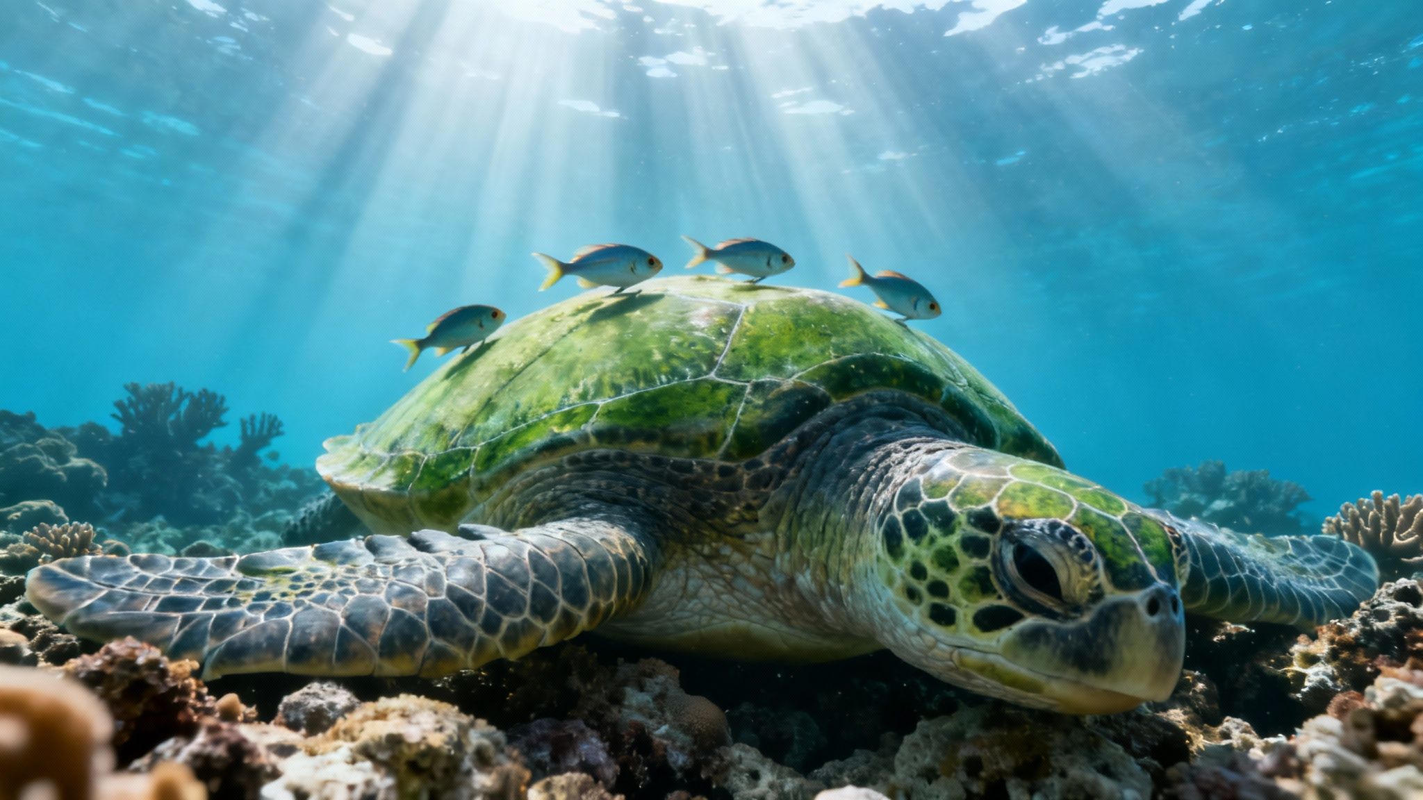 An underwater view of a green sea turtle with several fish on its shell, resting on a coral reef.