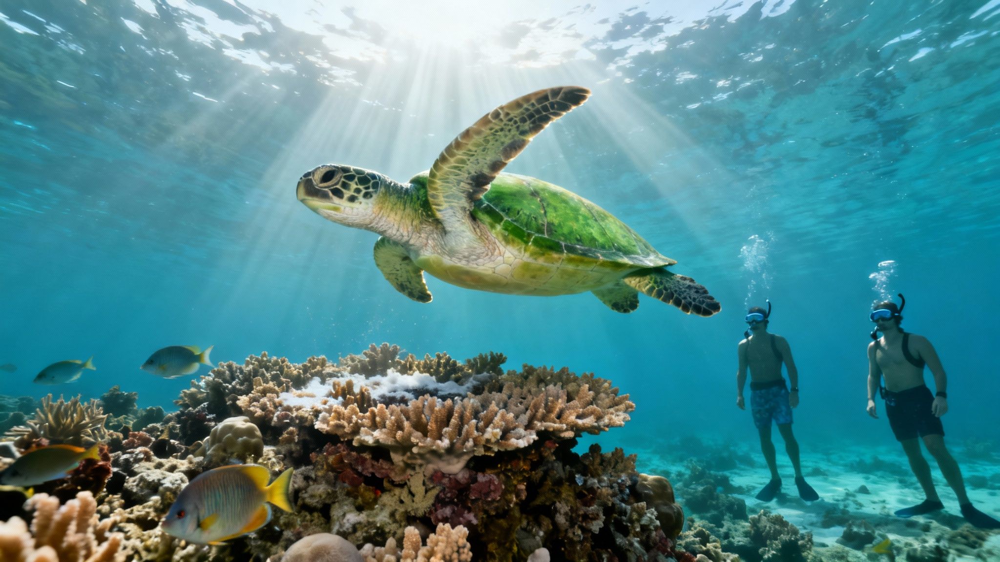 A majestic green sea turtle swims over a vibrant coral reef with snorkelers and sunbeams.