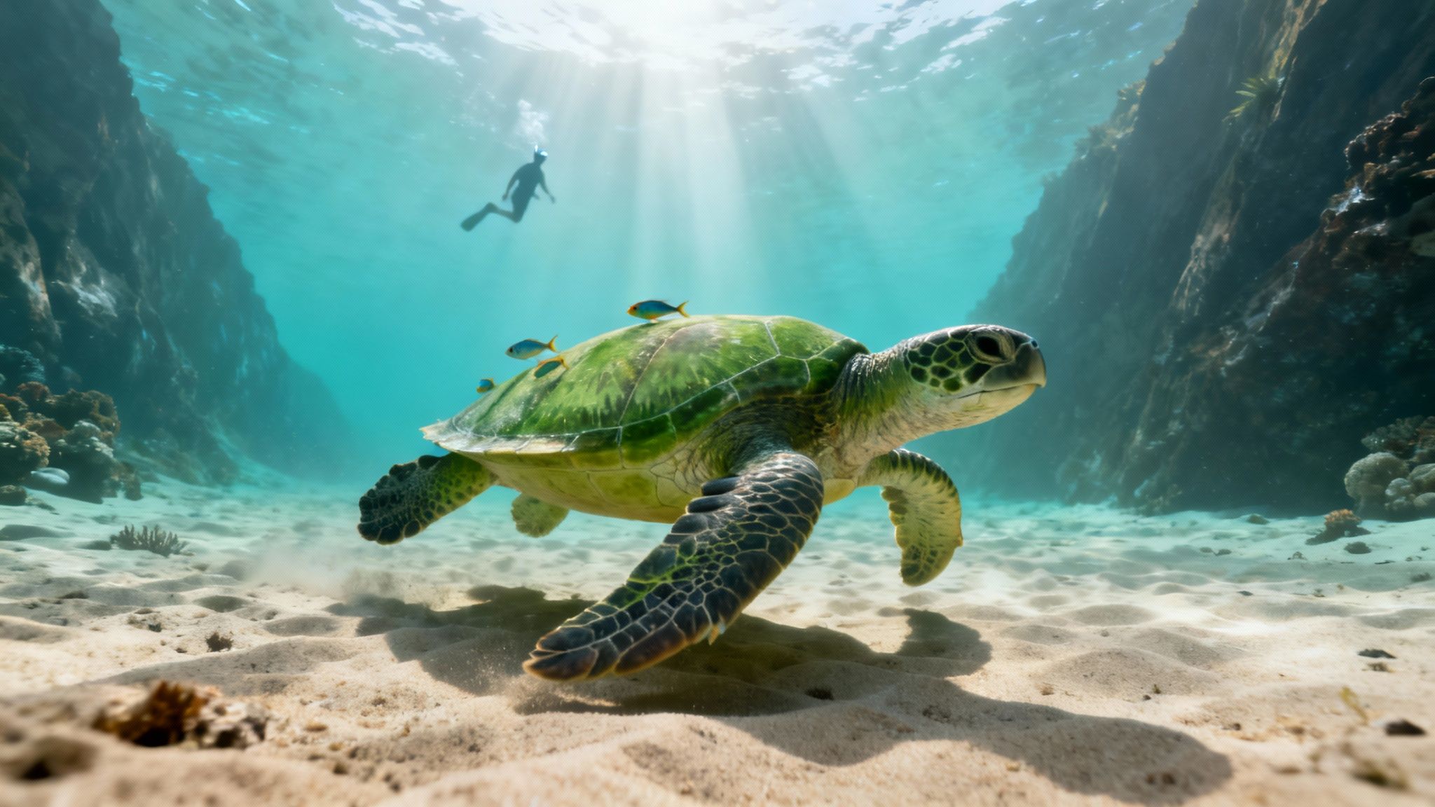 An underwater shot of a large green sea turtle with small fish on its shell, a snorkeler in the background.