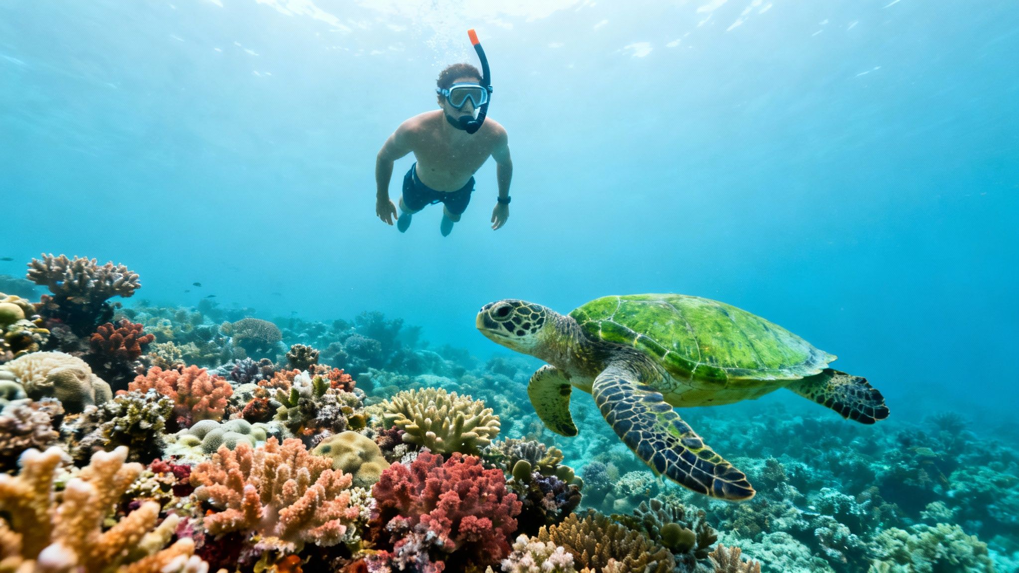 A person snorkeling underwater, observing a large green sea turtle swimming over a vibrant coral reef.