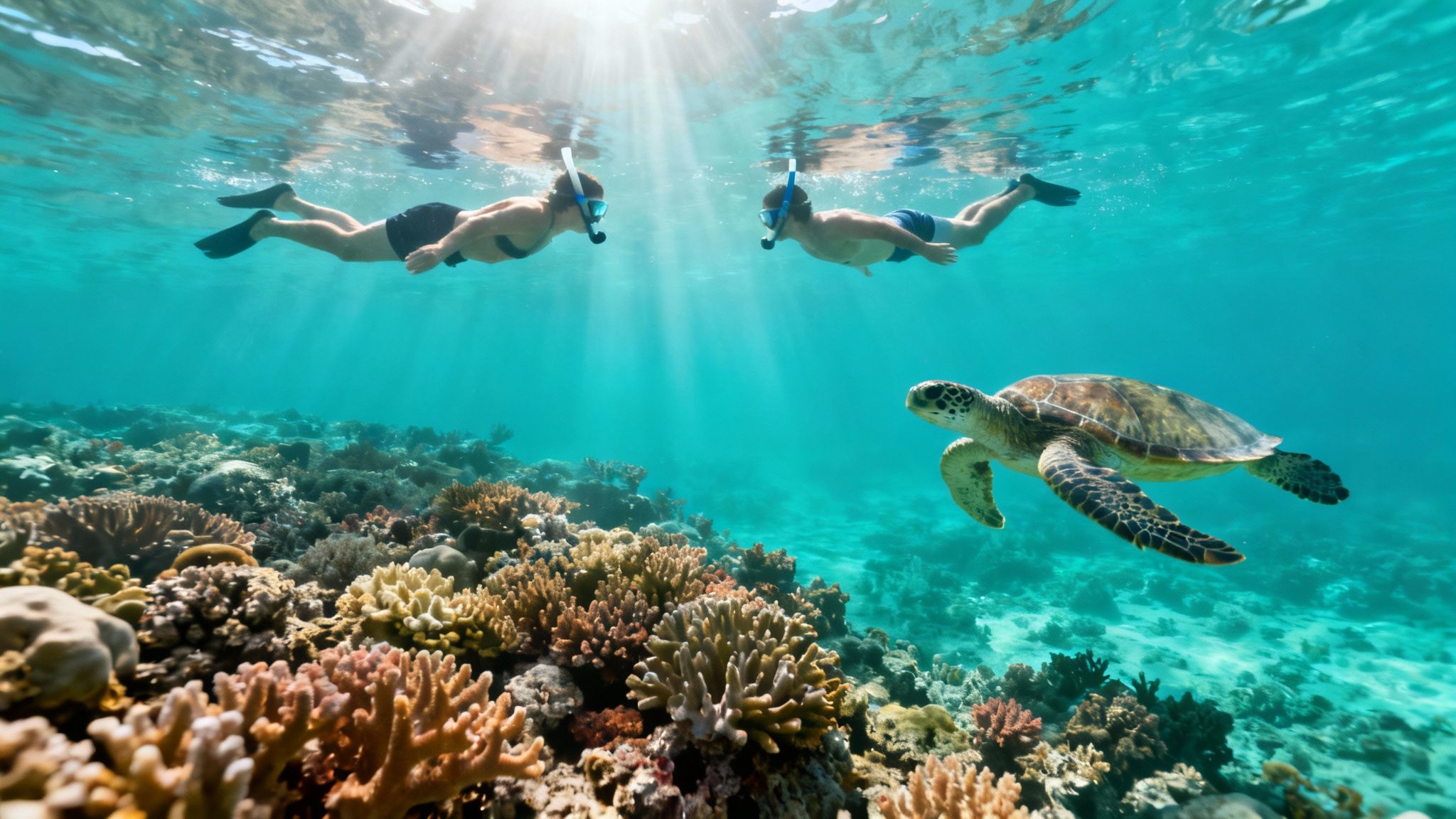 Two snorkelers swim above a vibrant coral reef with a sea turtle, sun rays illuminating the clear blue water.