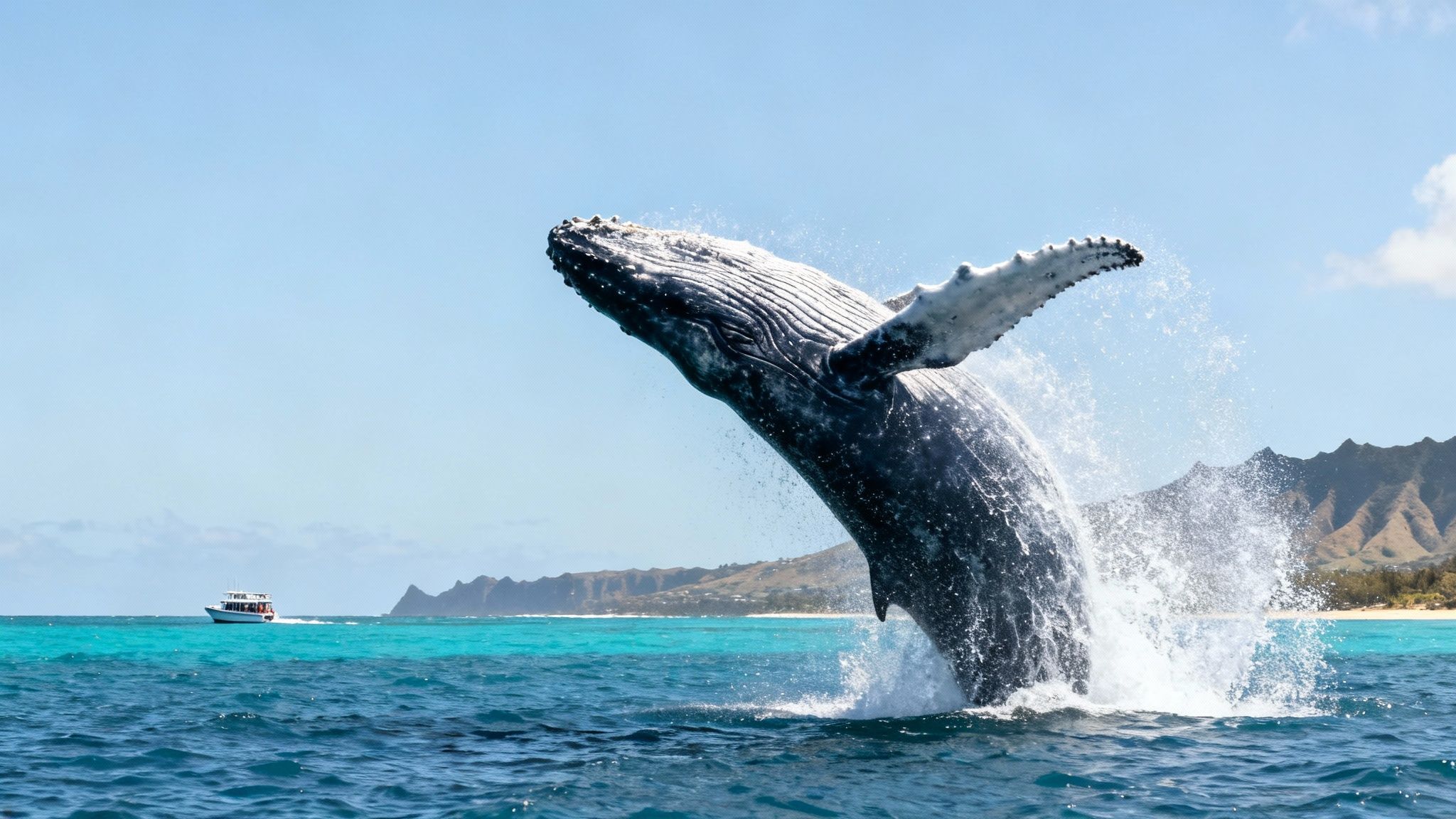 Humpback whale breaching the surface of the ocean near Oahu during whale watching season