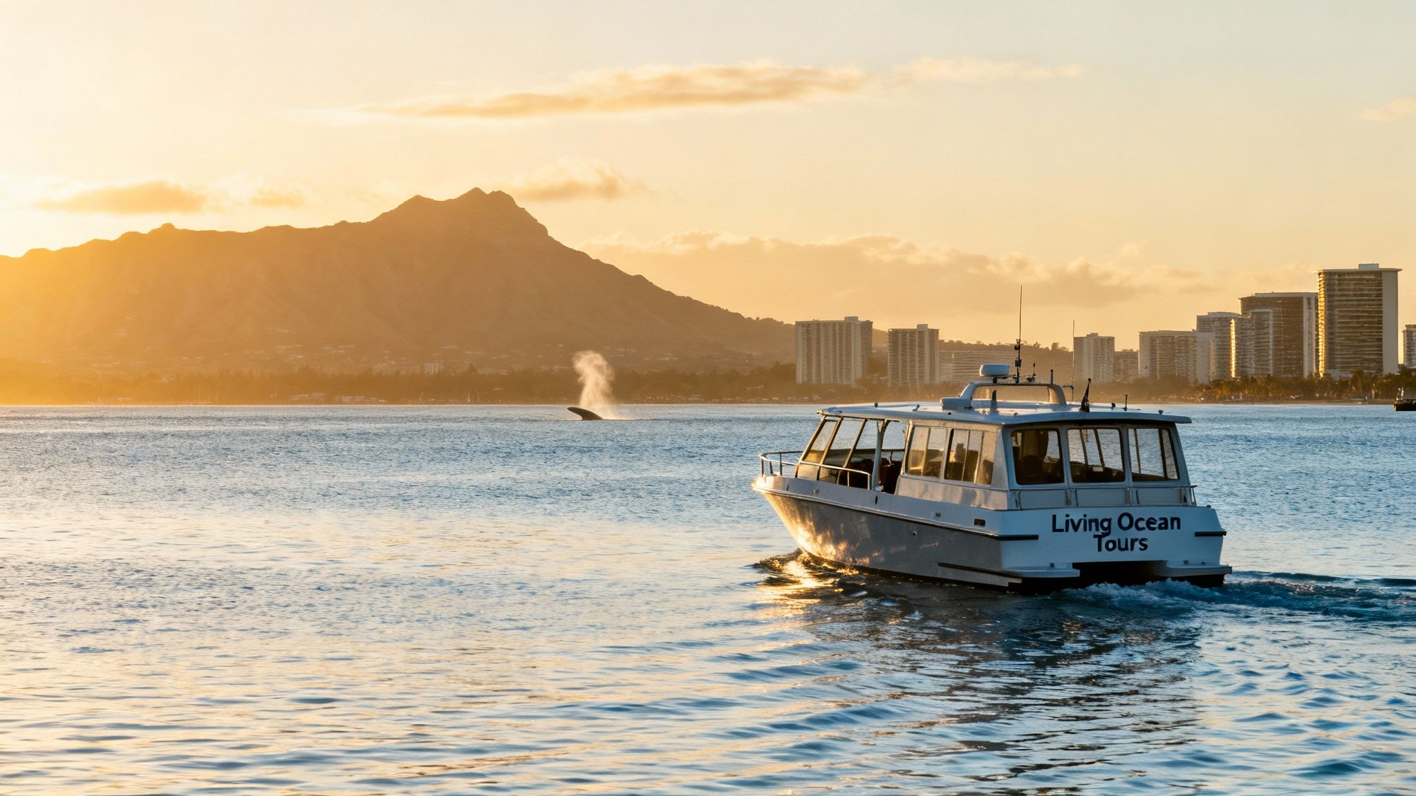 A tour boat on the ocean with a whale spouting water near a Honolulu cityscape and mountains at sunset.