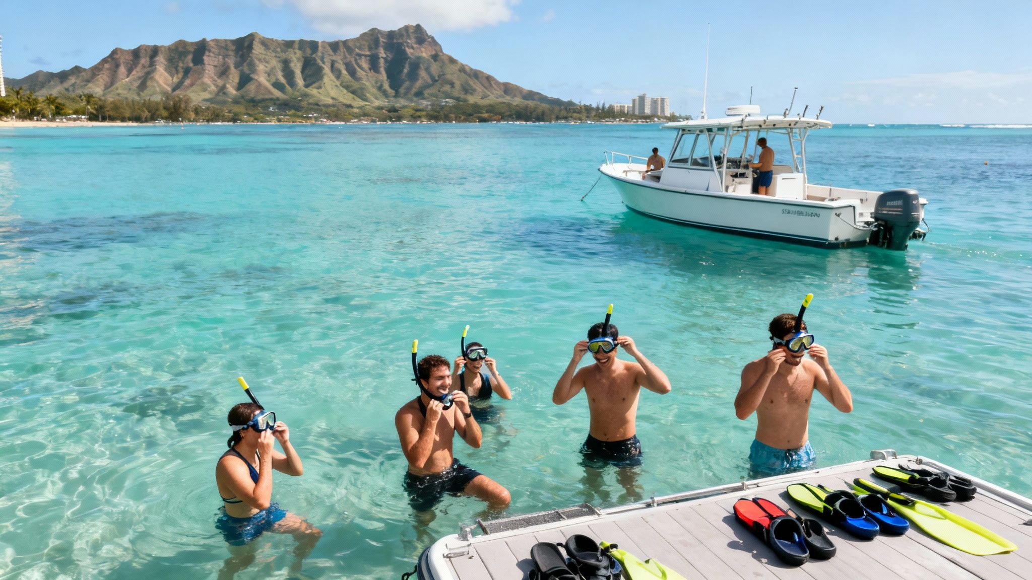 Group of friends preparing to snorkel in clear blue Hawaiian waters with a boat and Diamond Head in the background.