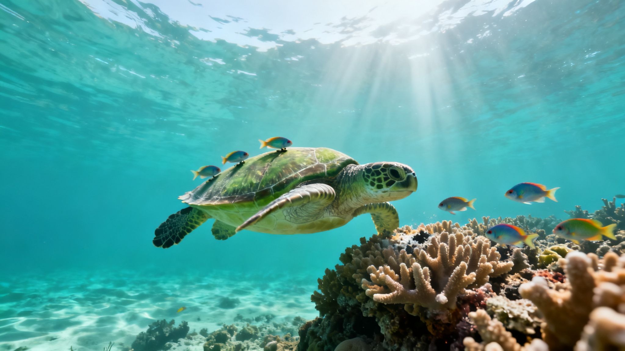 A vibrant underwater scene featuring a green sea turtle with small colorful fish on its back, swimming near coral reefs.
