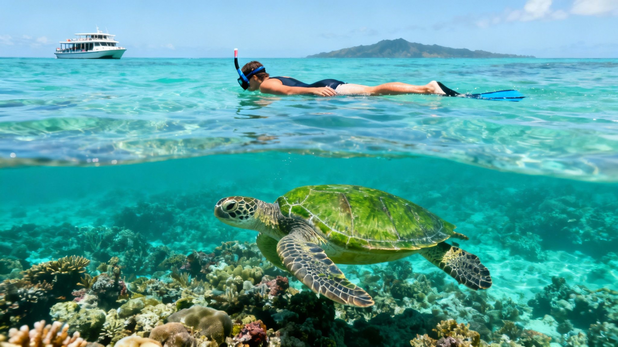 A snorkeler observes a green sea turtle swimming over a vibrant coral reef in clear blue tropical waters.