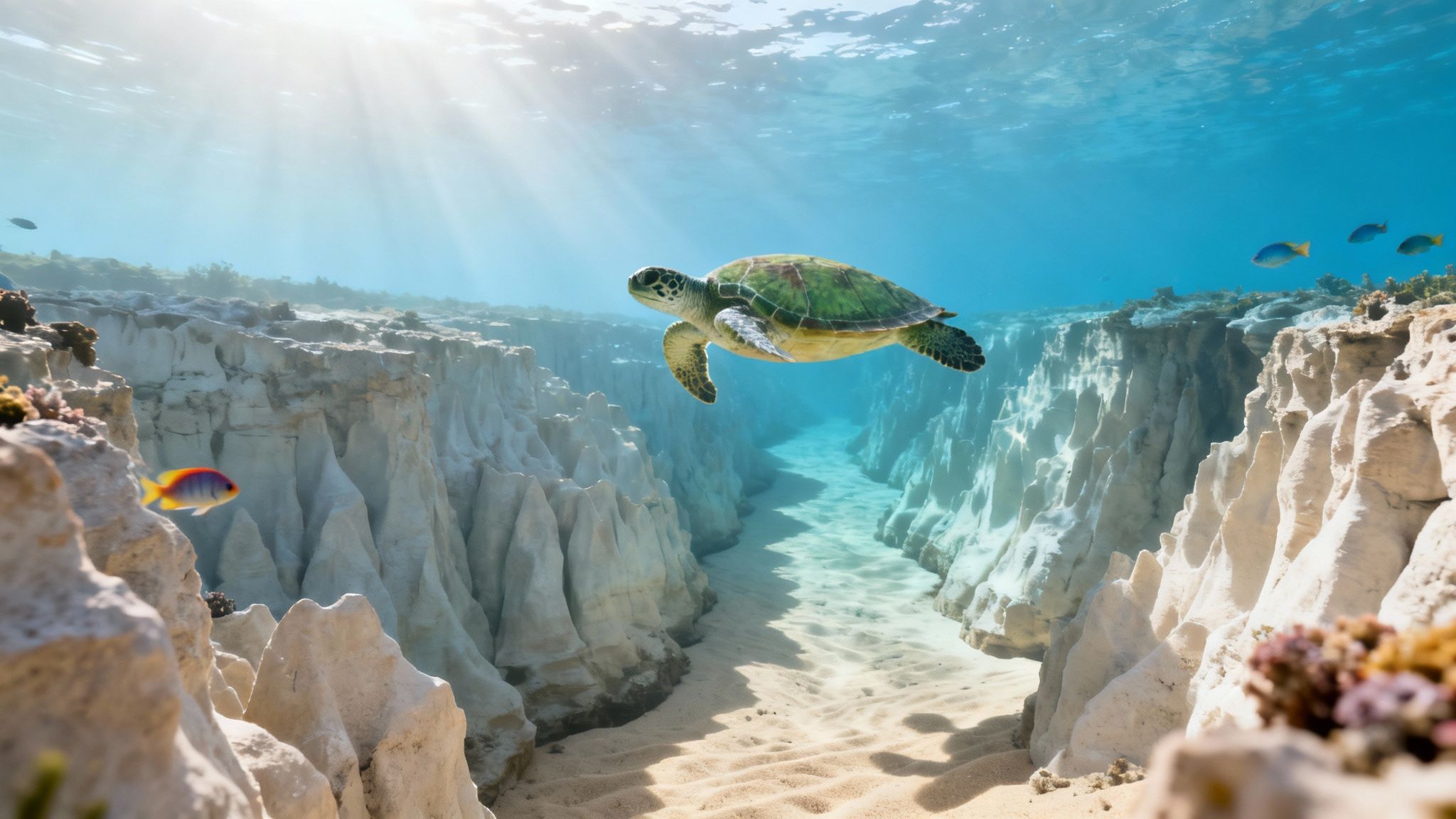 A majestic sea turtle swims gracefully through a sunlit underwater canyon with vibrant fish.