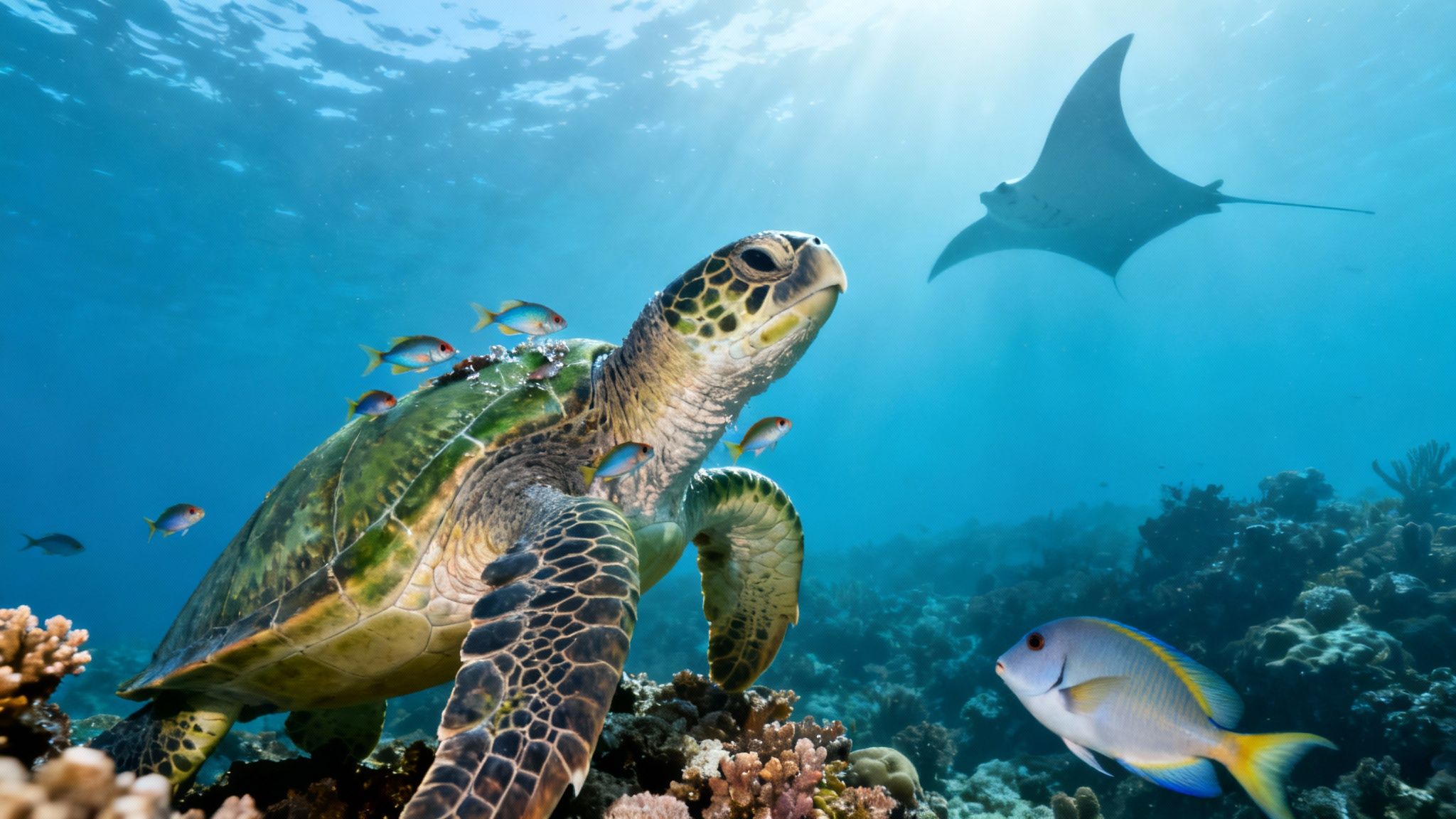A sea turtle swims among colorful fish in a vibrant coral reef, with a manta ray in the distance.
