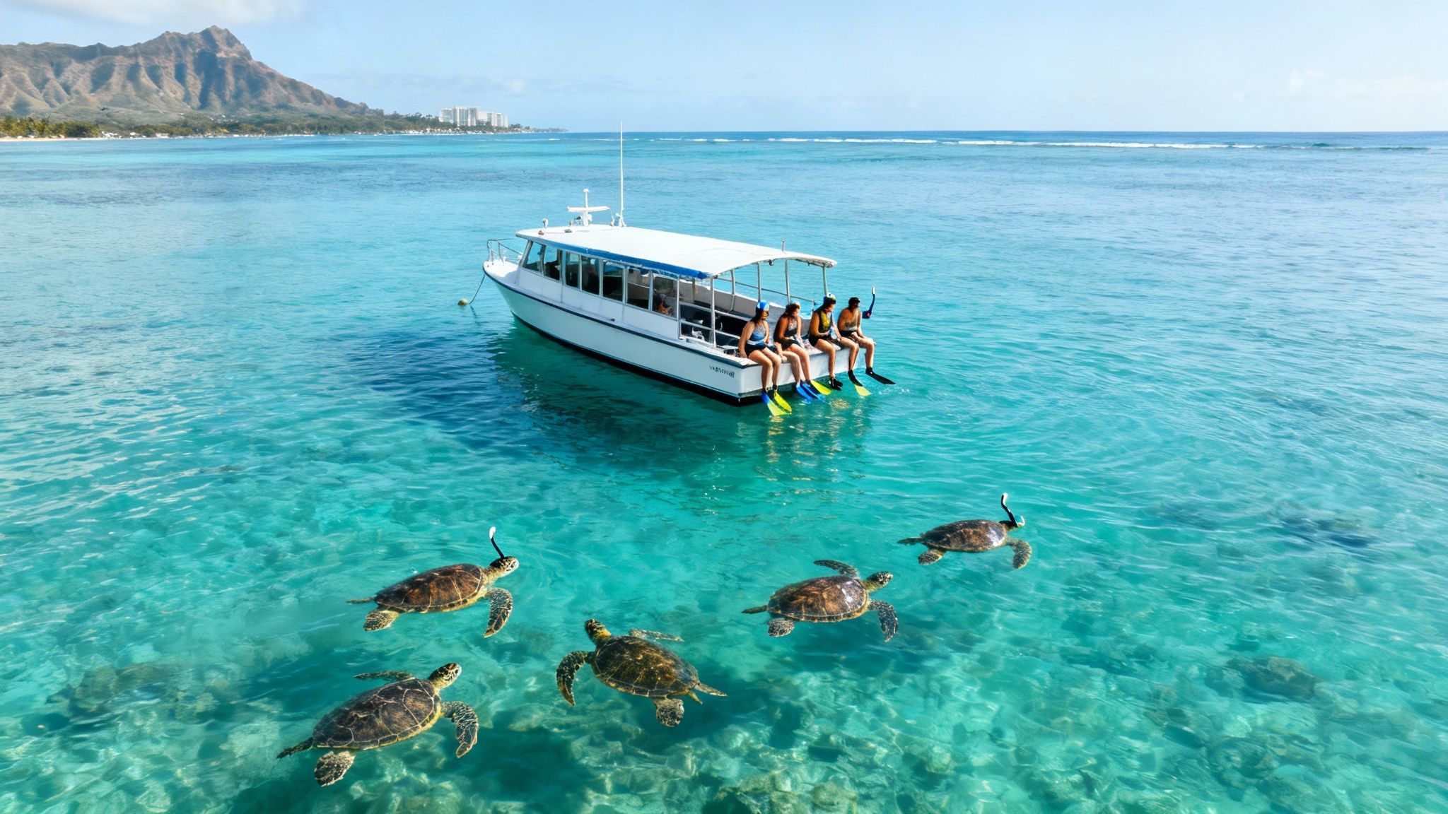 Snorkelers on a boat in clear blue water surrounded by sea turtles with a mountain backdrop.