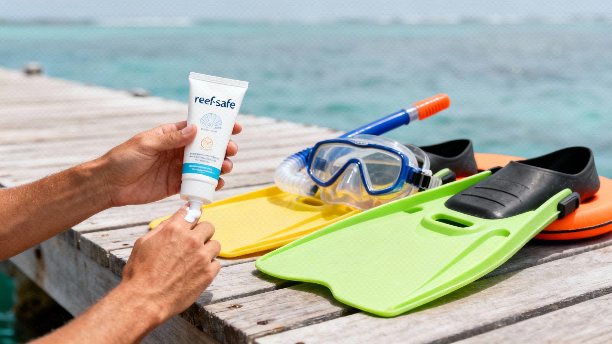 Hands applying reef-safe sunscreen on a pier, with snorkeling gear ready for the ocean.