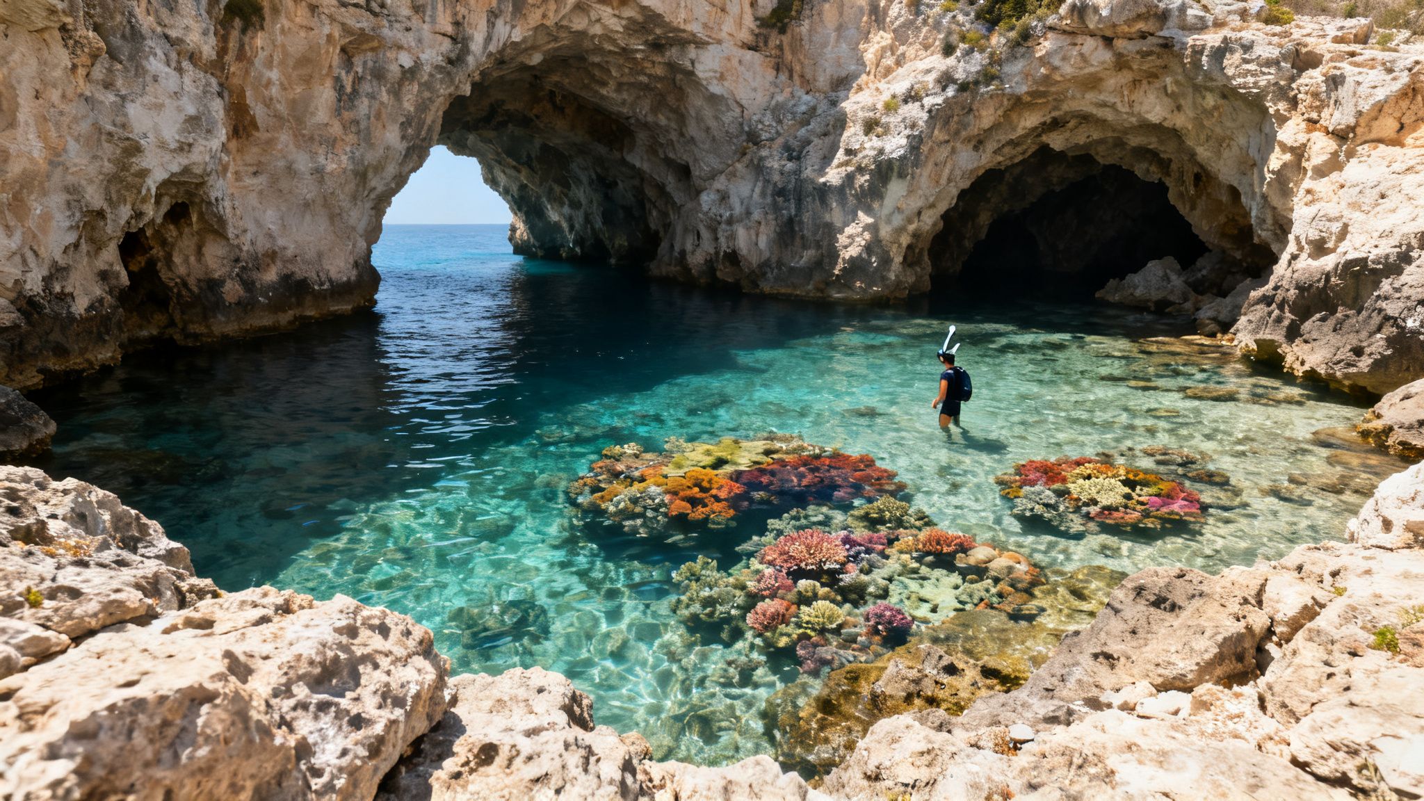 Snorkeler explores a vibrant coral reef in a clear blue grotto with rocky arches.