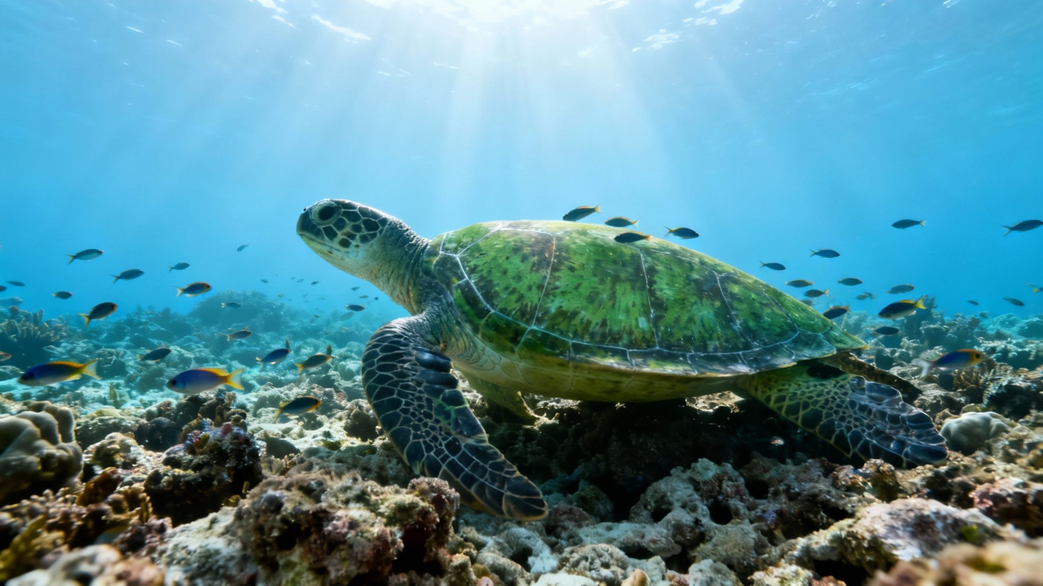 A vibrant green sea turtle rests on a coral reef surrounded by small fish and sun rays.
