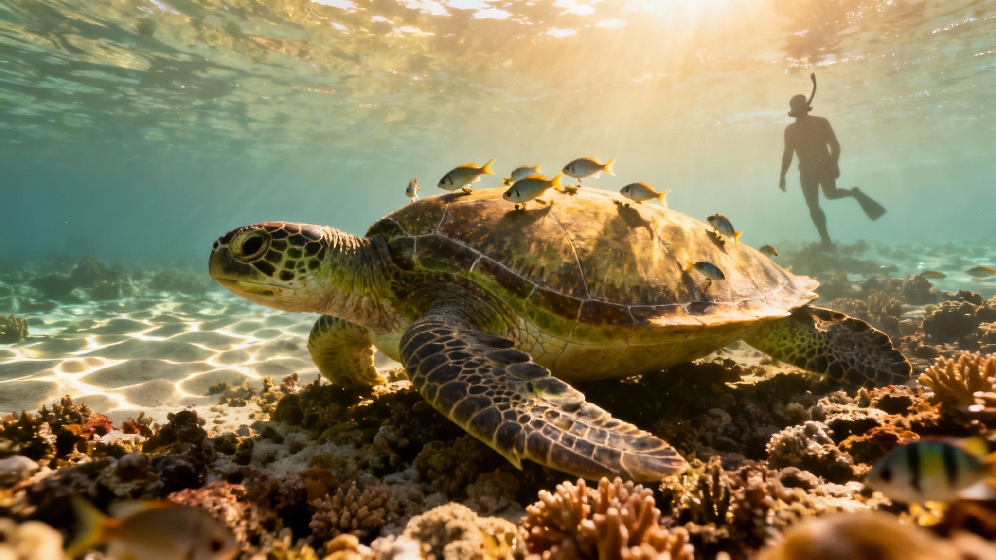 Underwater scene with a large sea turtle on a coral reef, a snorkeler in the sunlit background.