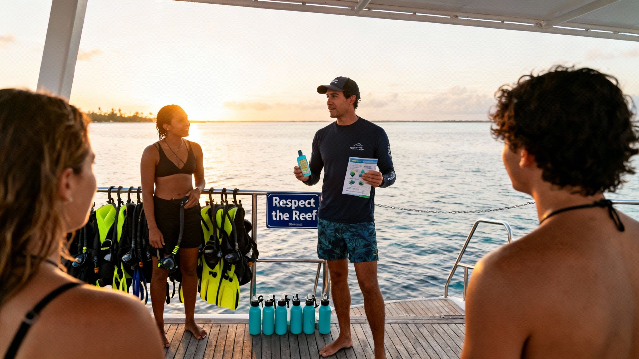 An instructor provides reef safety briefing to snorkelers on a boat at sunset with dive gear.