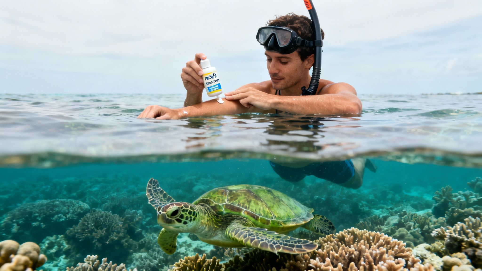 A snorkeler applies reef-safe sunscreen, while a green sea turtle swims below in a coral reef.