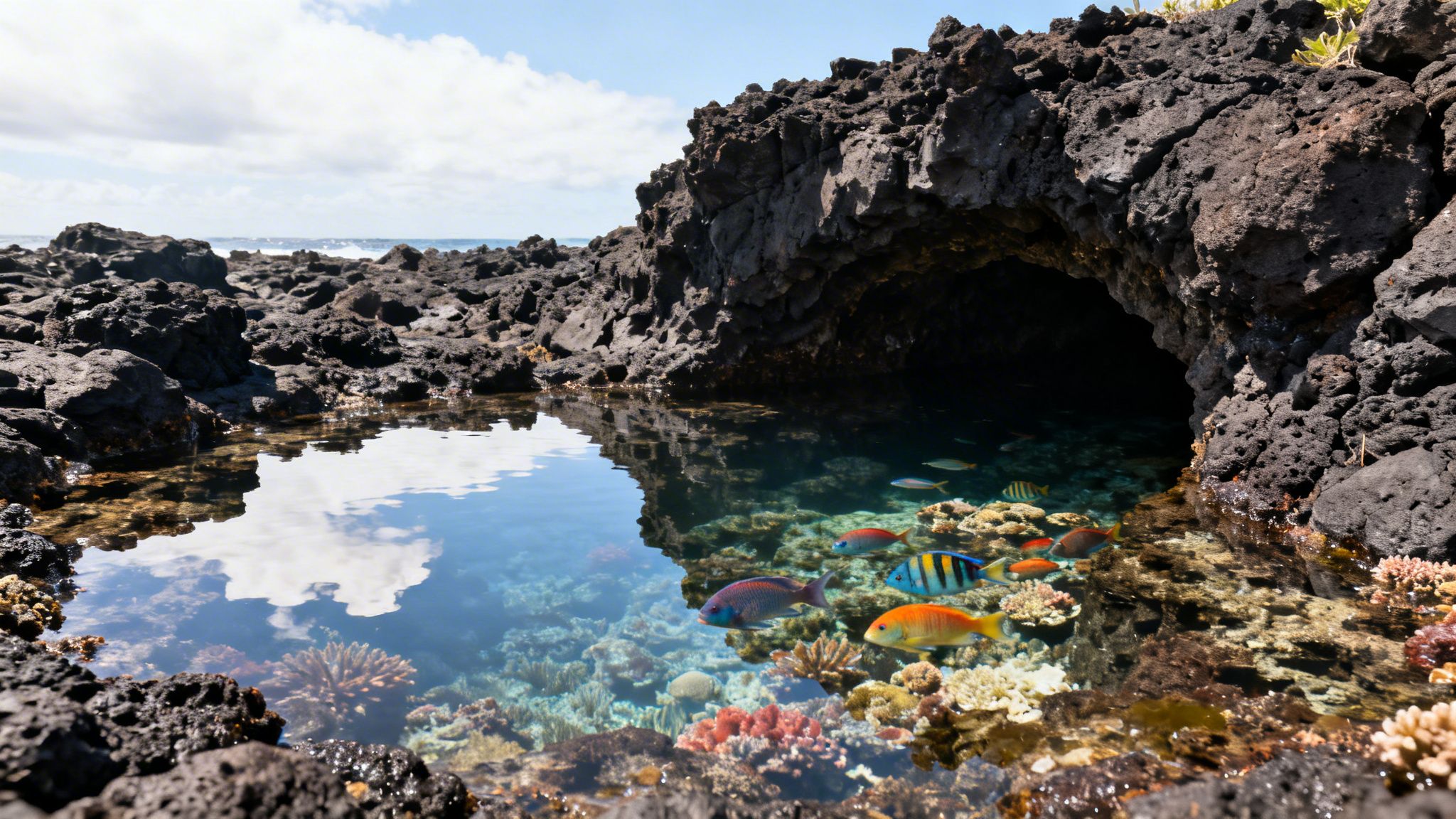 Vibrant coral and colorful fish swim in a clear natural lava pool with a cave entrance and ocean view.