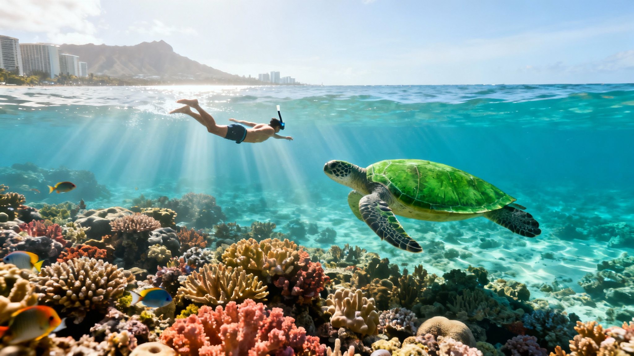 A person snorkeling near a green sea turtle above a vibrant coral reef in Hawaii.