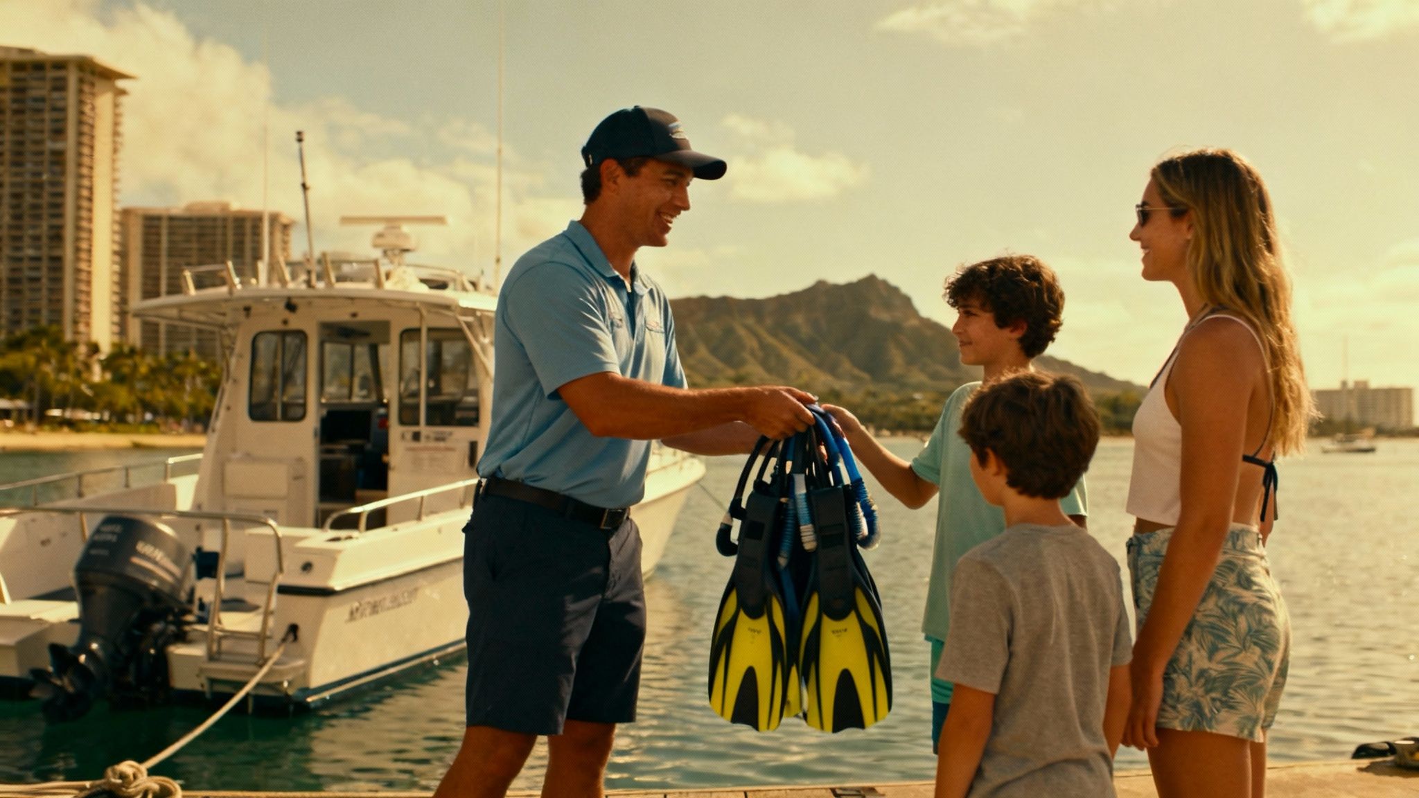 A tour guide hands snorkeling gear to a family on a dock with a boat and mountains.
