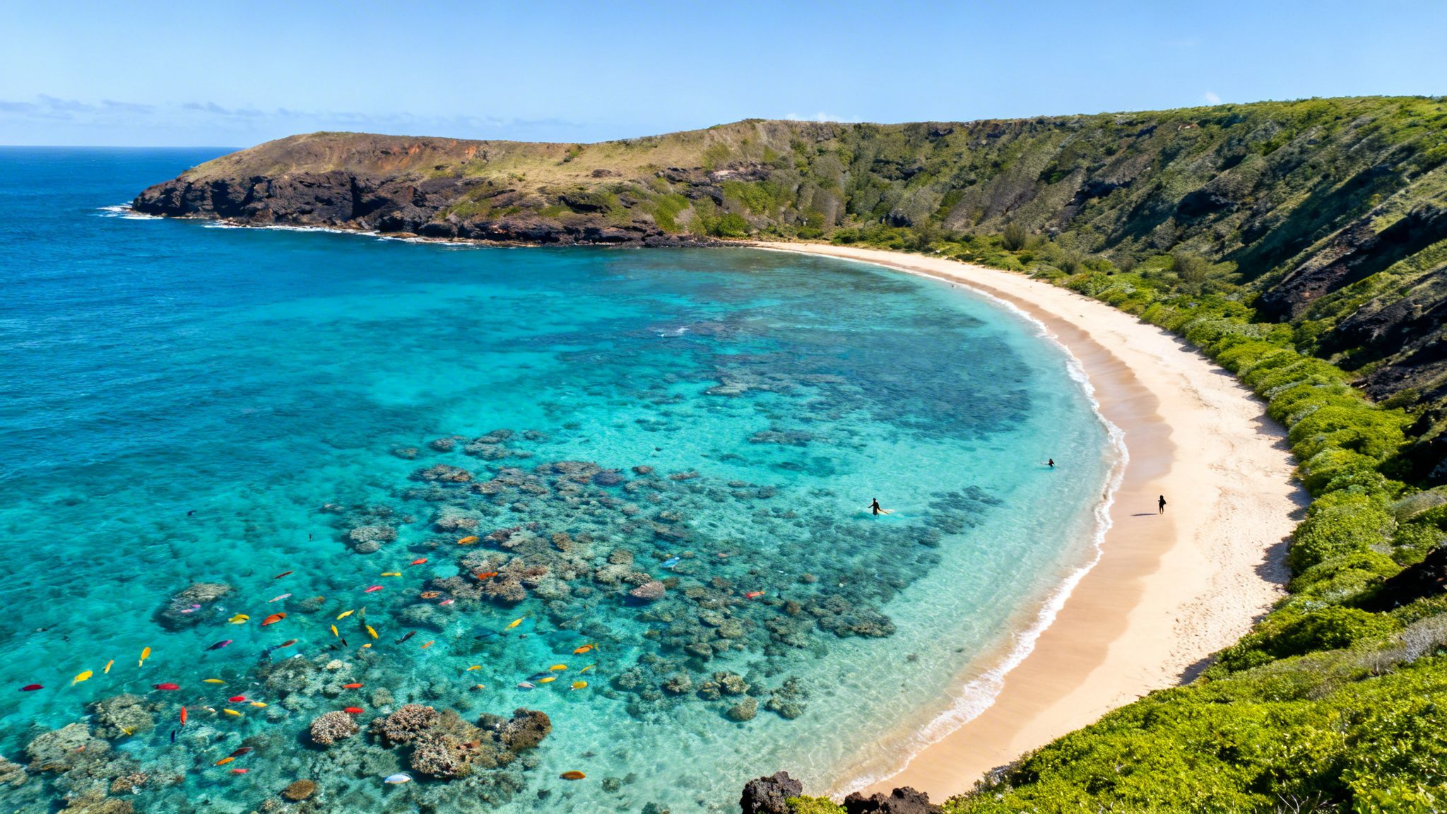 A vibrant aerial view of a Hawaiian bay with clear turquoise water, sandy beach, and colorful fish over coral reefs.