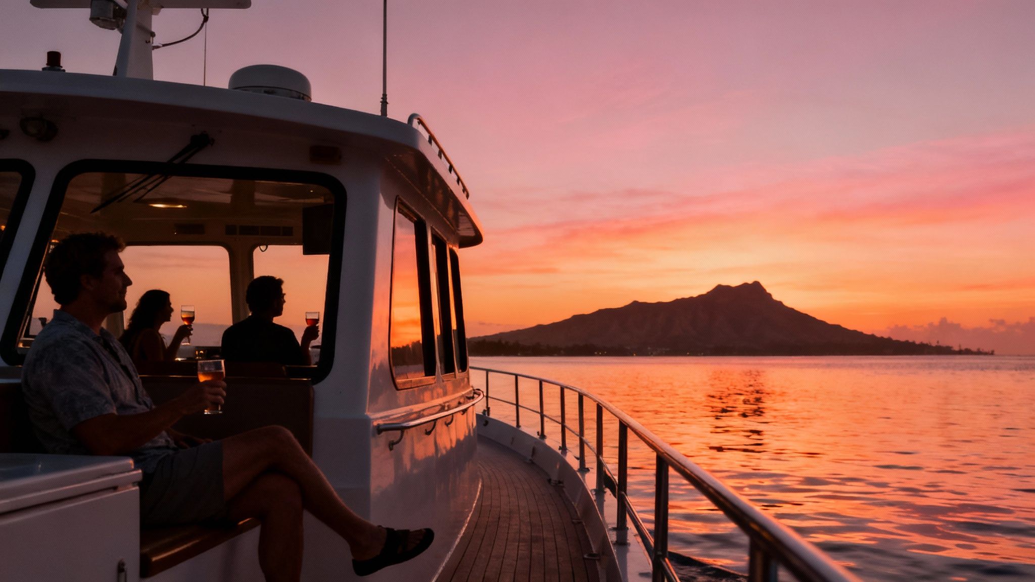People on a boat cruise enjoying a vibrant pink and orange sunset over the ocean with a mountain.