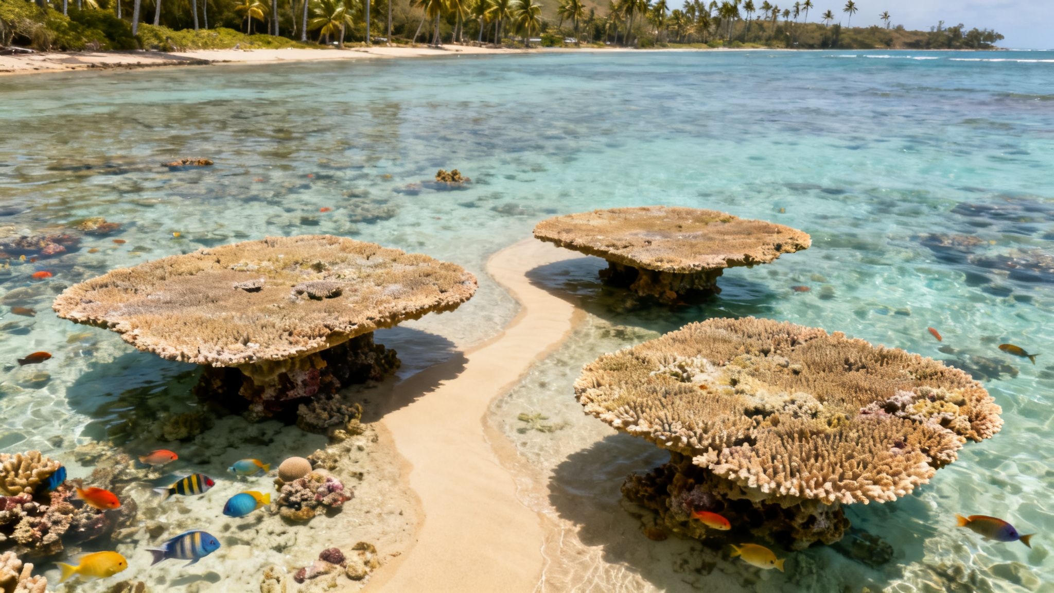 Vibrant coral reefs and colorful fish in clear turquoise water near a tropical beach with palm trees.