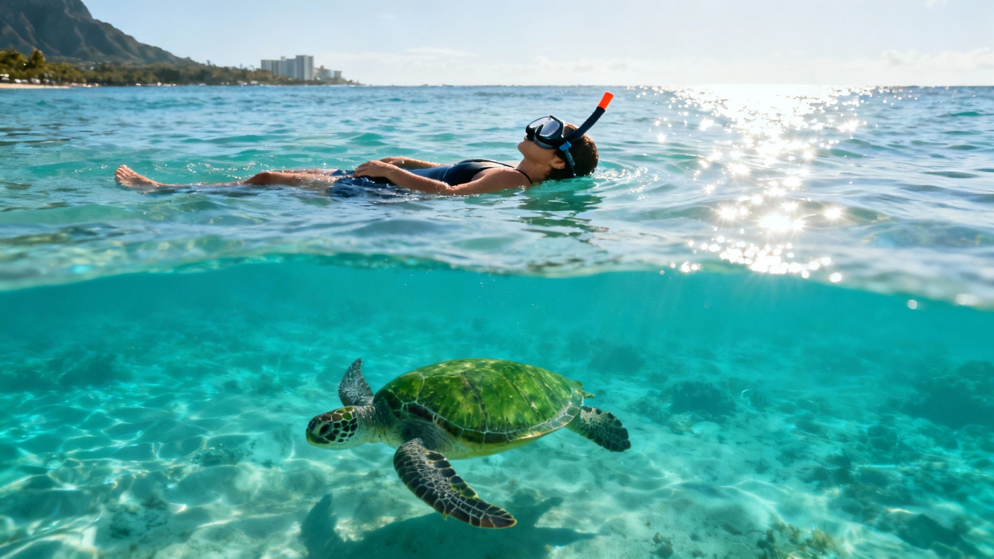 A split-level view of a person snorkeling above a green sea turtle in the clear blue ocean waters off Oahu.