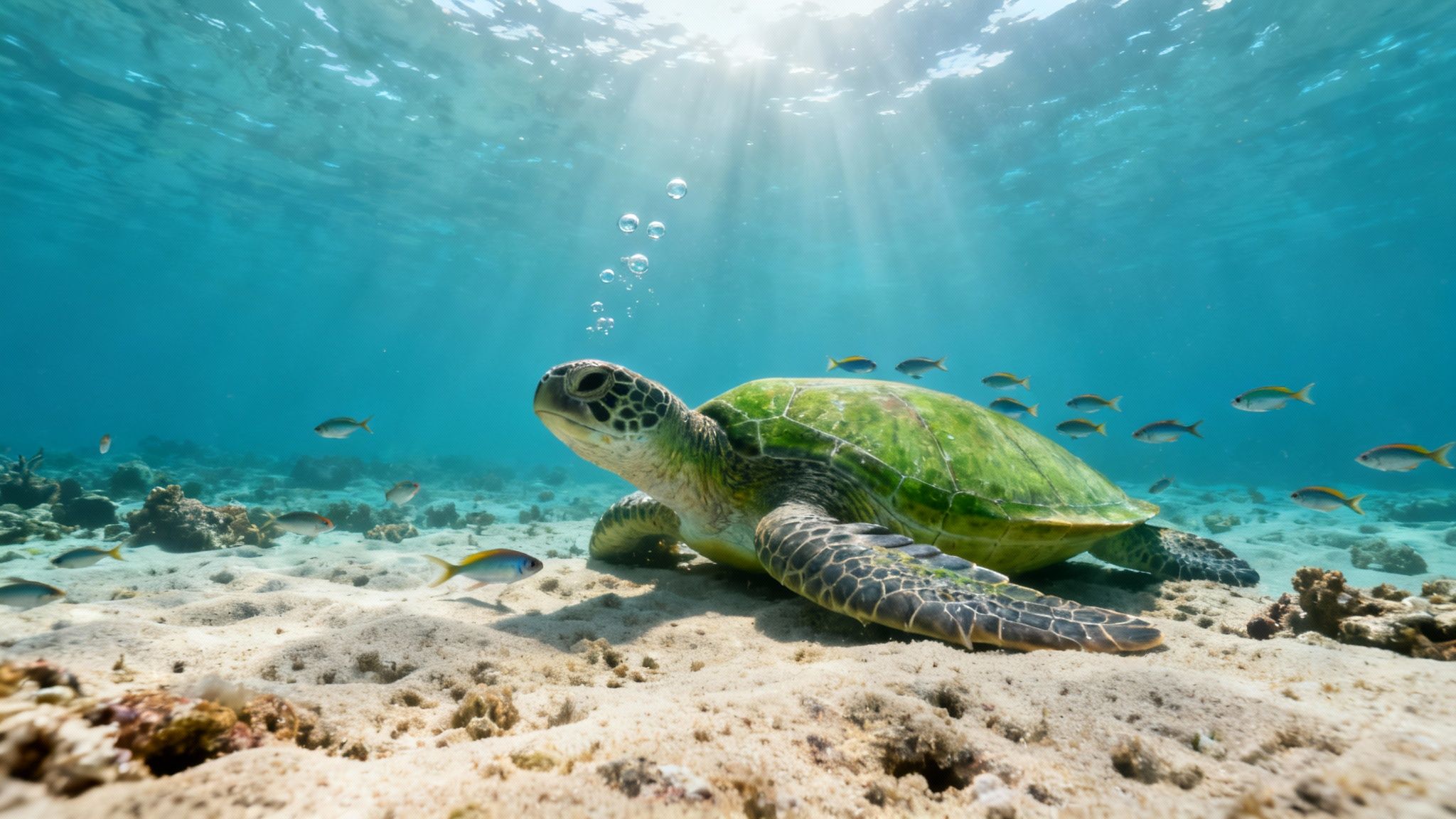A vibrant green sea turtle rests on a sandy seabed with schools of fish and sunlight.