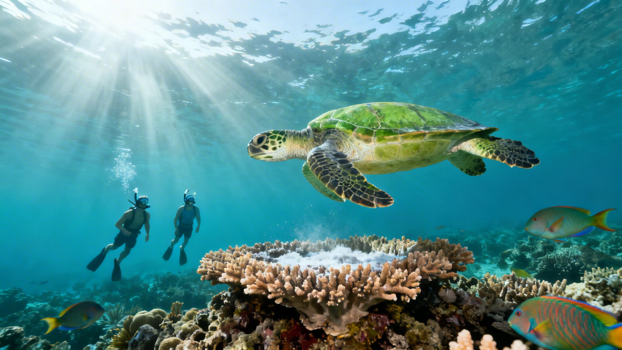 Two snorkelers observe a large green sea turtle swimming over a vibrant coral reef with sun rays.