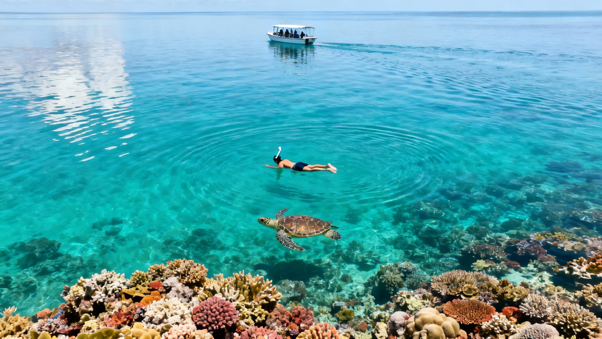 Aerial view of a snorkeler and sea turtle over a beautiful coral reef in clear blue water.