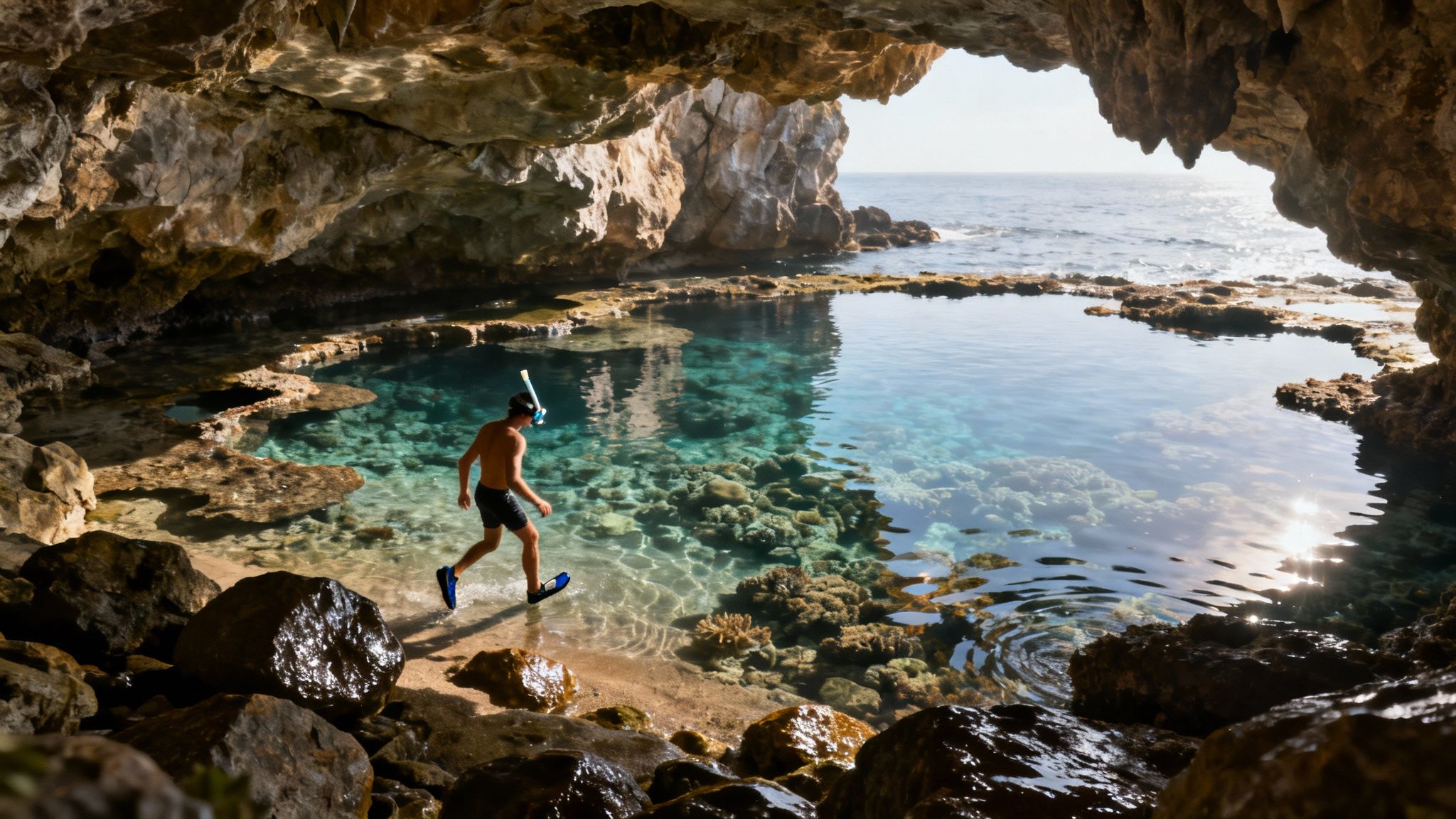 A man with snorkel gear walks through a clear natural pool inside a large cave opening to the ocean.