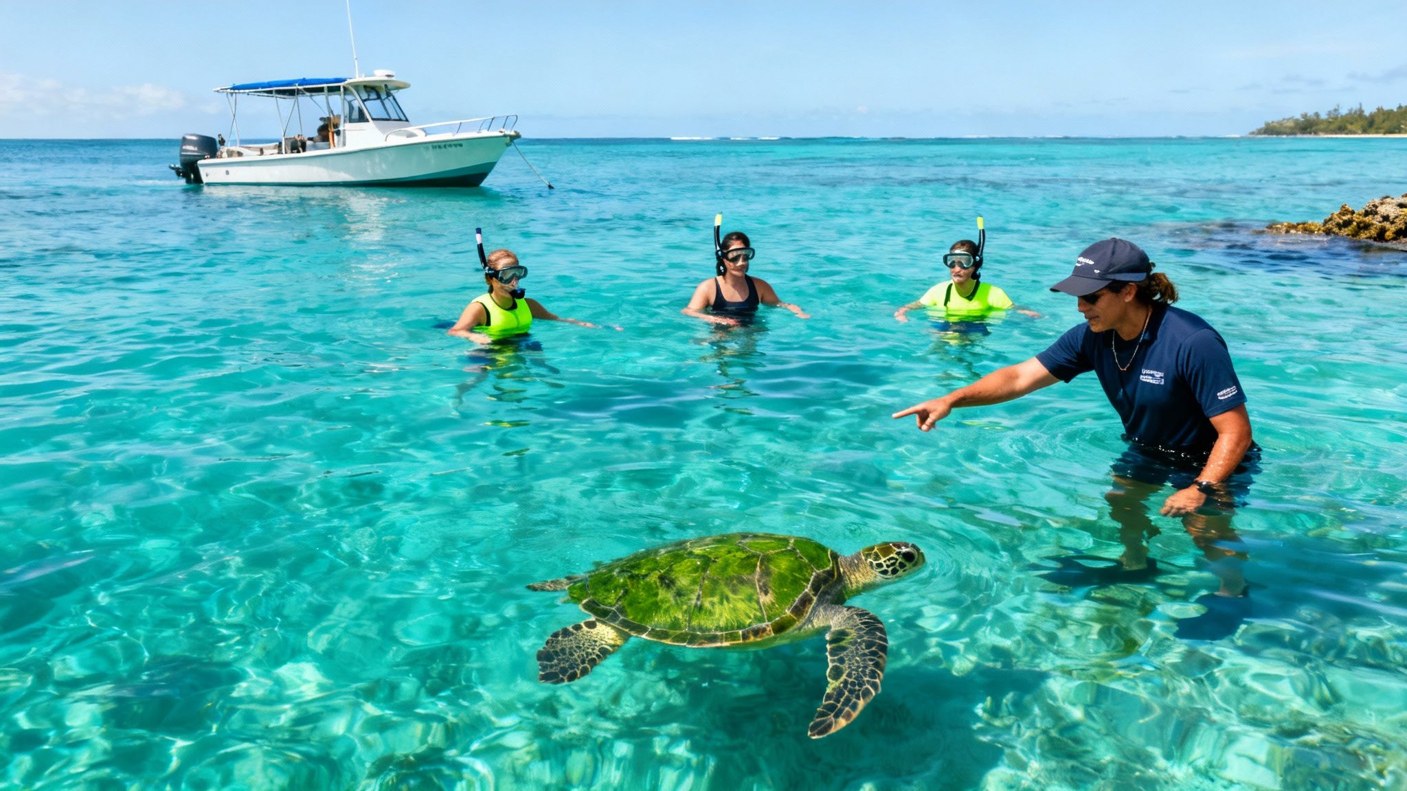 People snorkeling with a sea turtle in clear turquoise water, guided by an instructor.