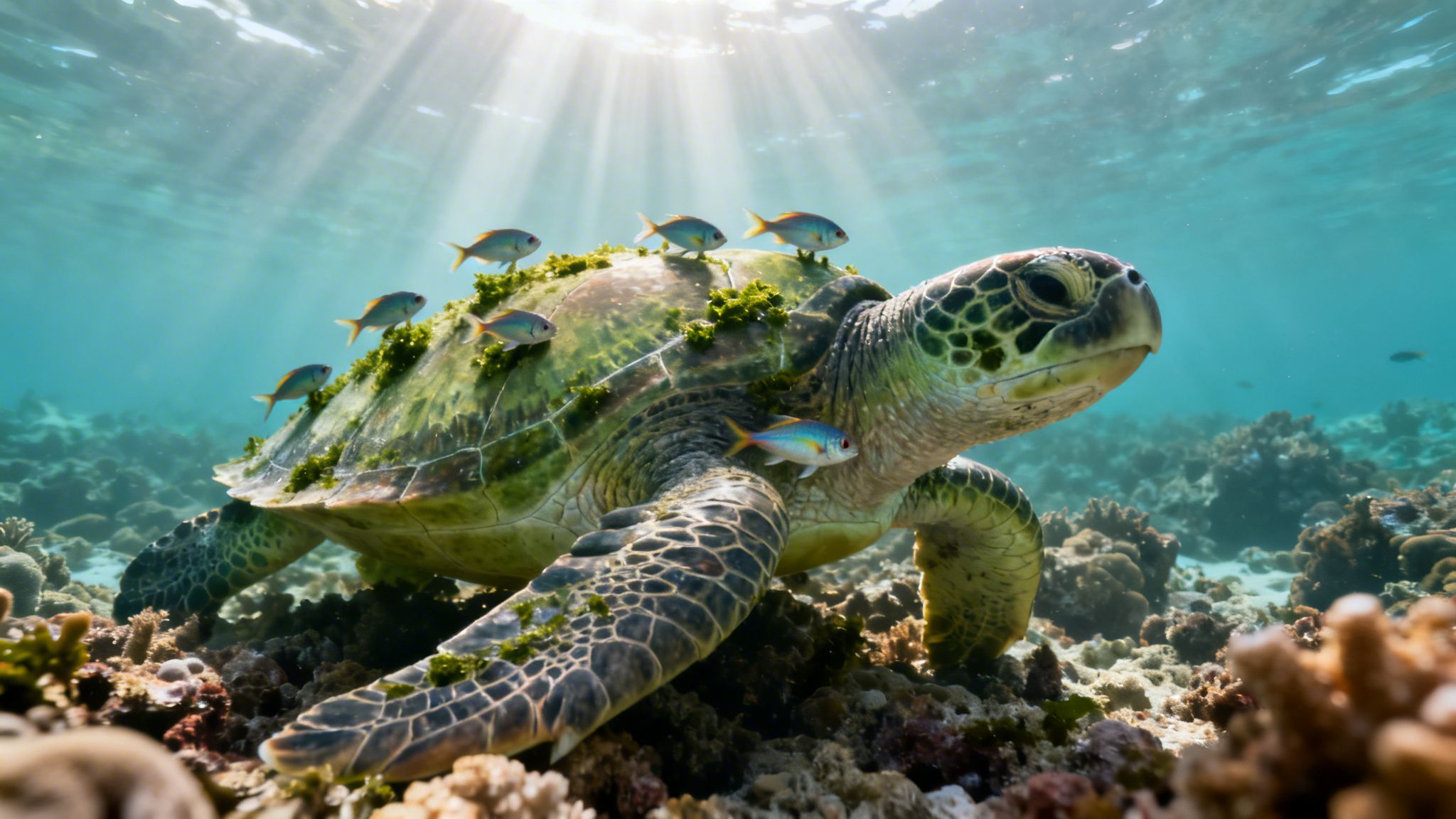 A majestic green sea turtle rests on a vibrant coral reef, with small fish swimming nearby.