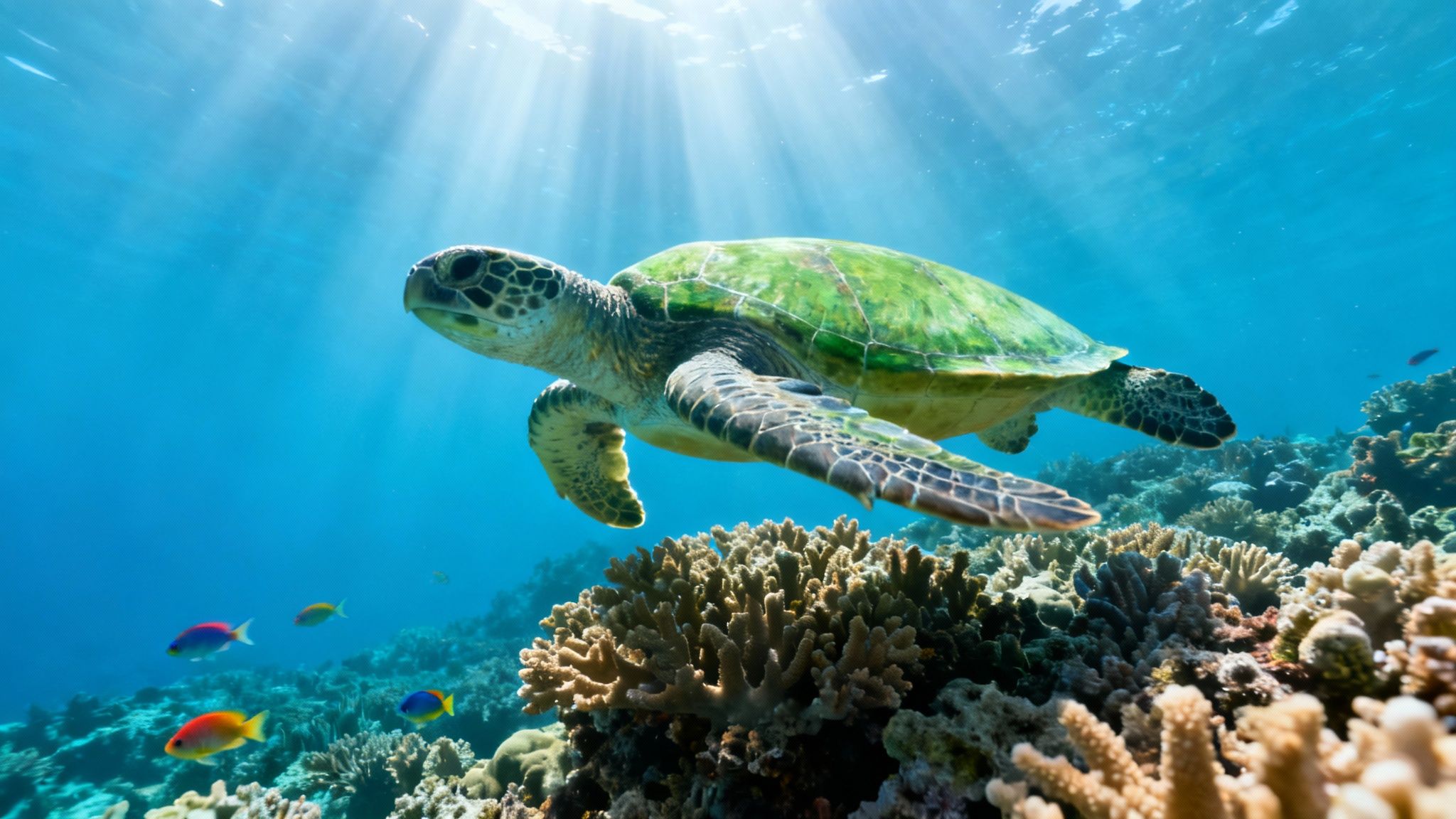 A majestic green sea turtle glides through sunlit blue waters above a vibrant coral reef.