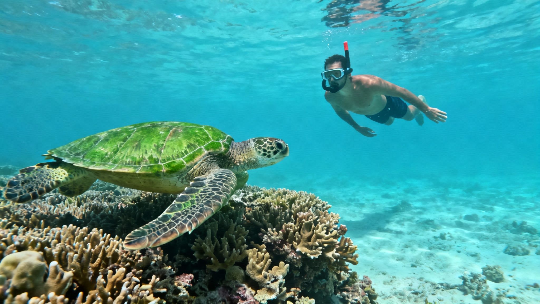 A man in a snorkel mask swims near a green sea turtle over a vibrant coral reef.
