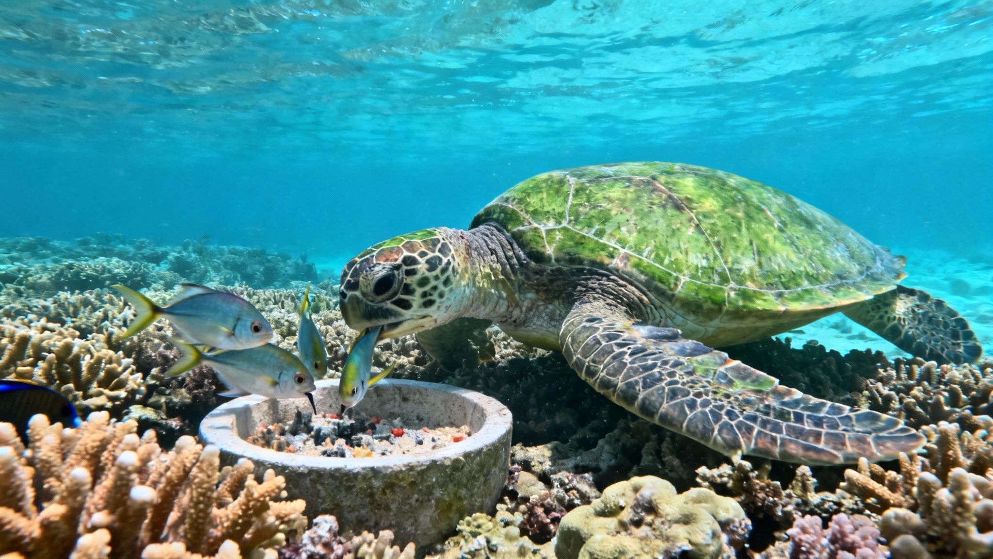 Close-up of a vibrant green sea turtle eating from a feeder surrounded by colorful fish and coral.