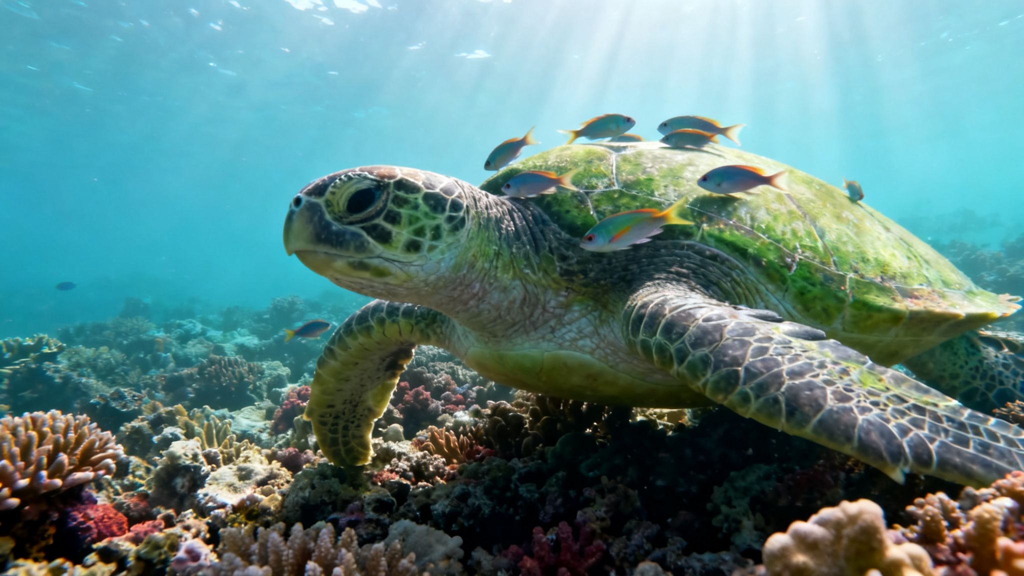 A majestic green sea turtle gracefully swims over a vibrant coral reef with small fish on its shell.
