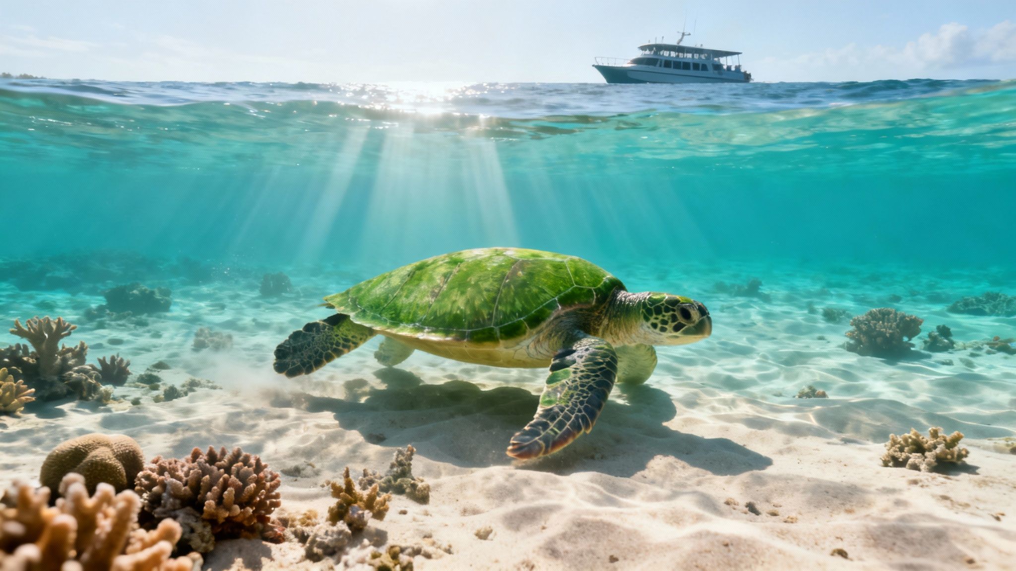 A majestic sea turtle swims gracefully underwater above a sandy seabed with coral, a boat visible above.