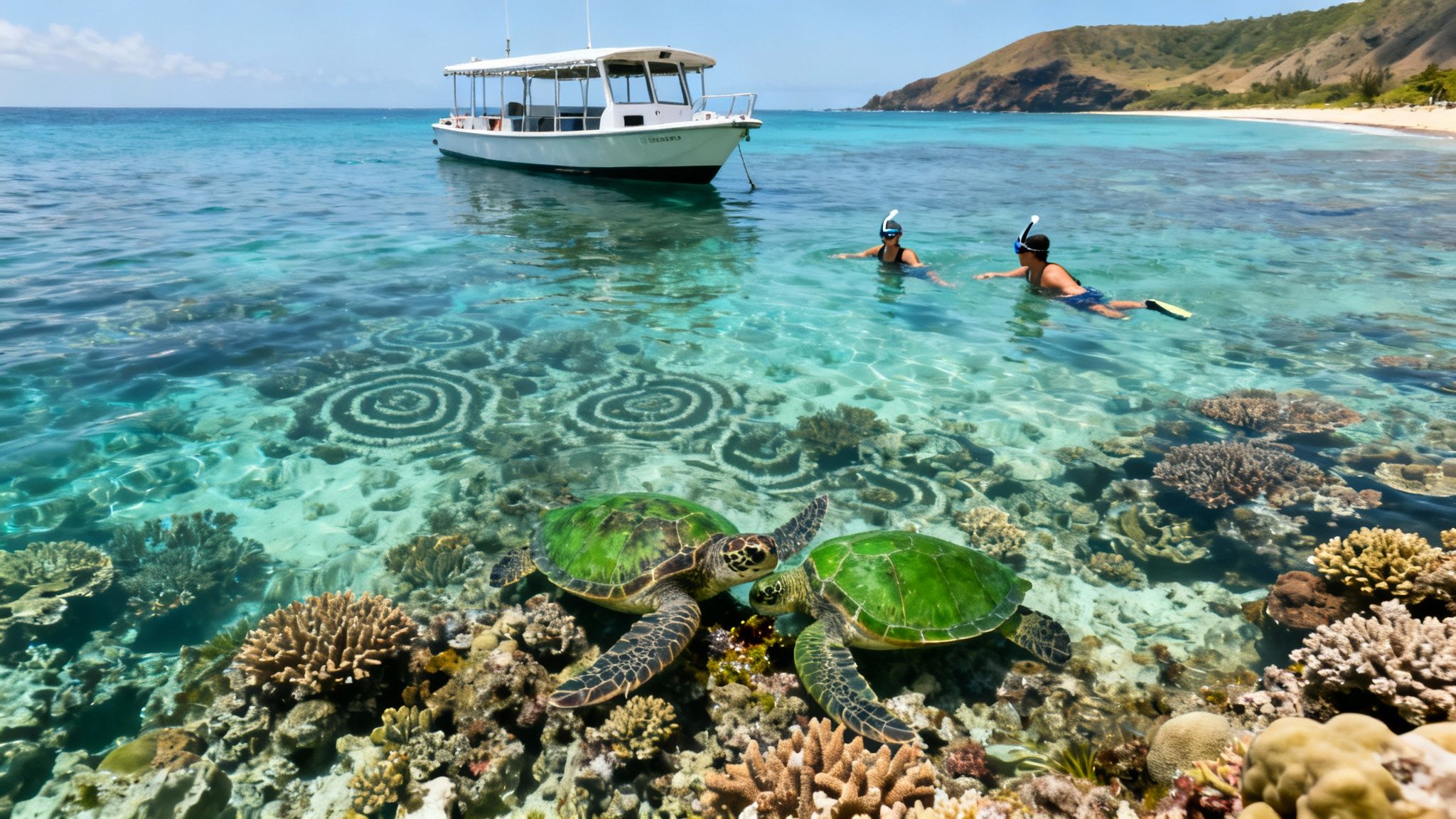 Two green sea turtles swim above vibrant coral reefs in clear blue tropical water with snorkelers and a boat.