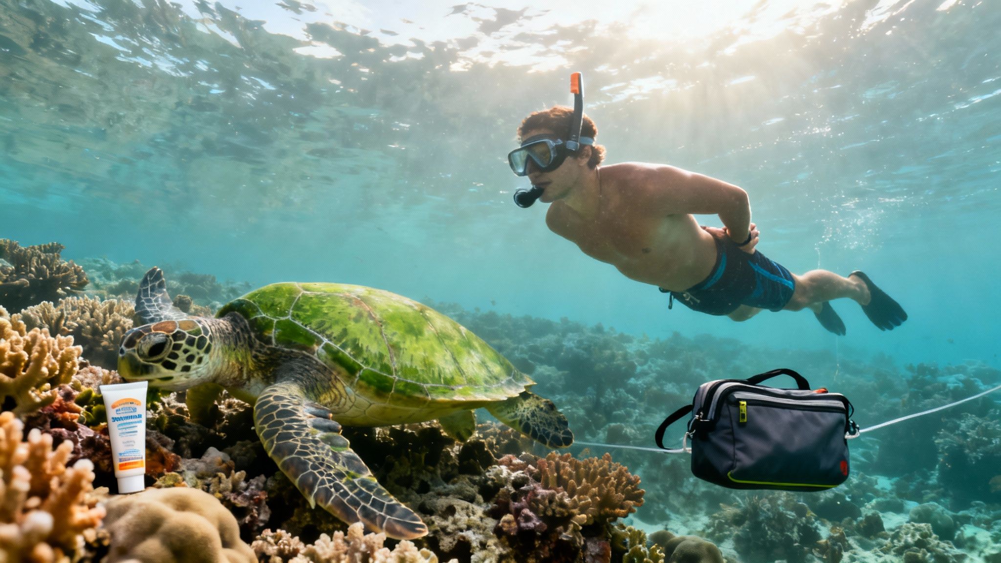A snorkeler observes a majestic sea turtle near coral, with a sunscreen tube and bag underwater.
