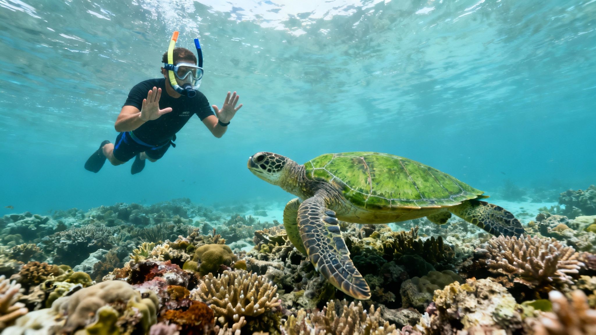 A snorkeler swims near a vibrant green sea turtle over a colorful coral reef.