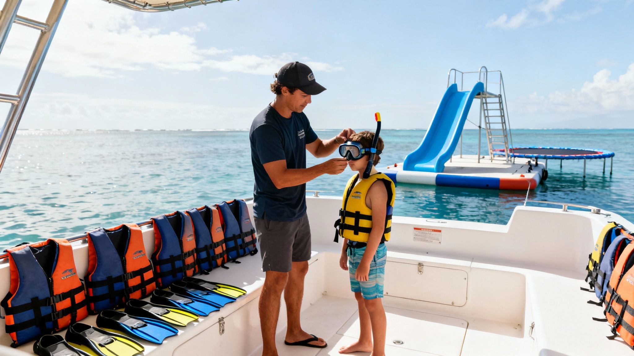 An instructor helps a child put on snorkeling gear on a boat in tropical waters.