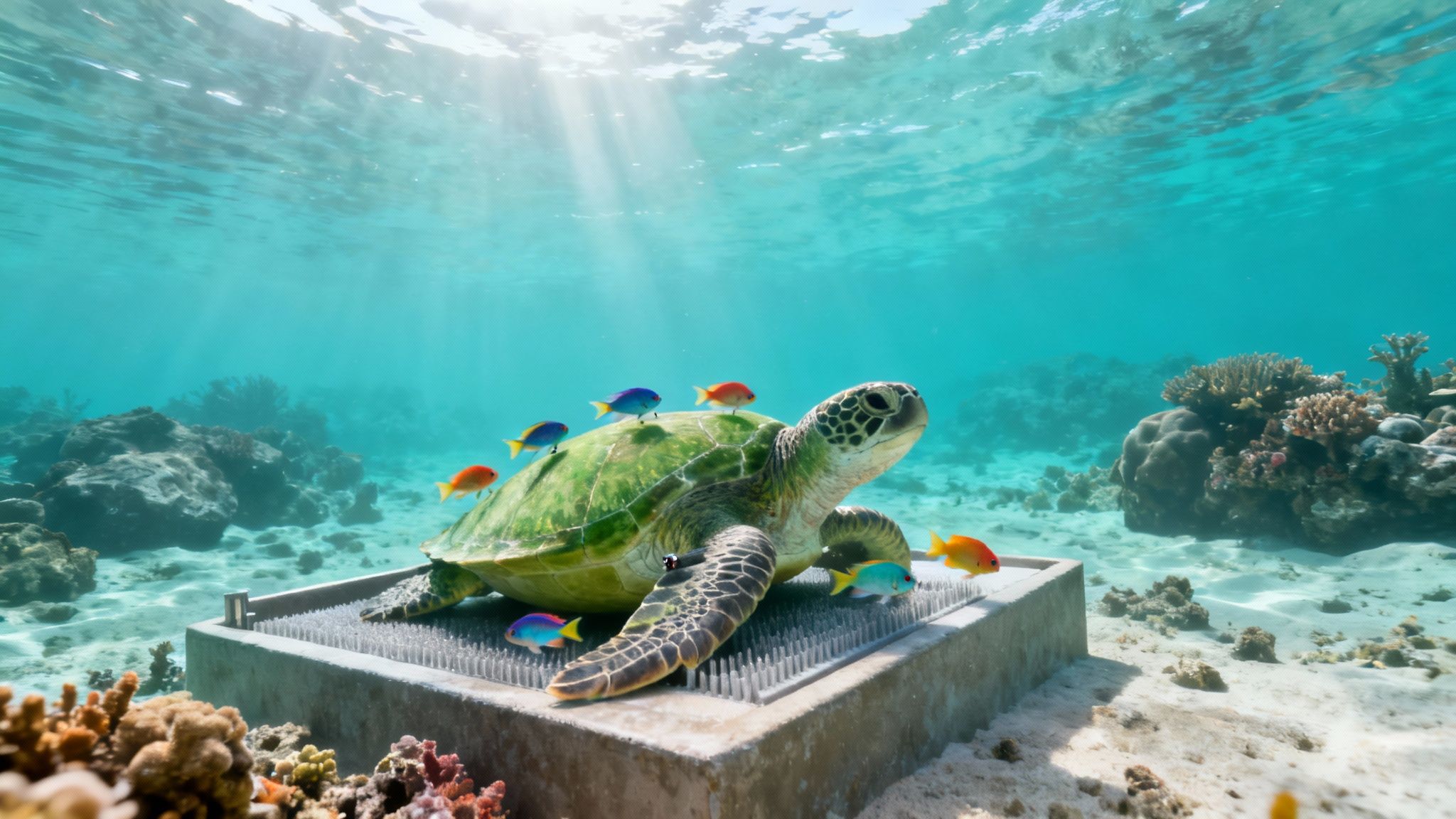A large green sea turtle with vibrant fish on its back, resting on a spiky platform underwater.