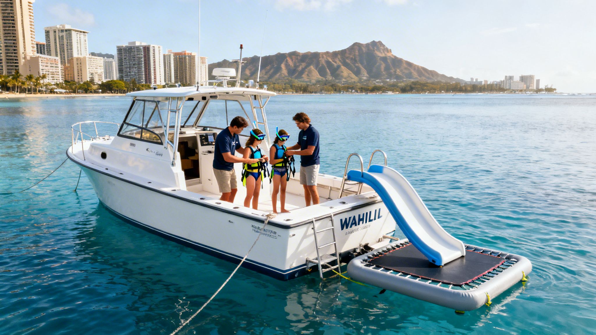 Two adults help children with snorkeling gear on a boat in clear Honolulu waters with Diamond Head.