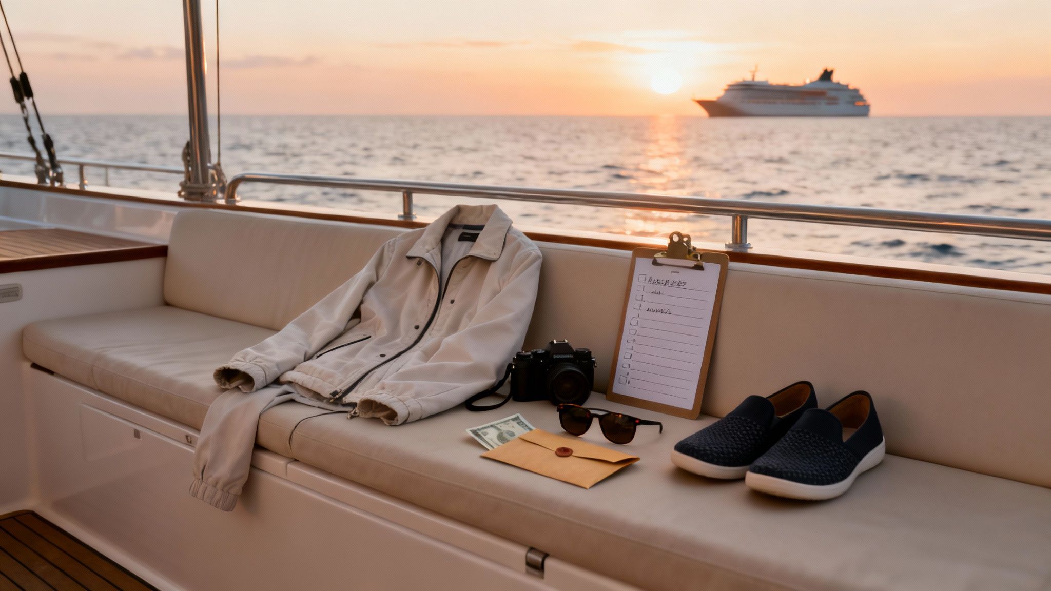 A beige jacket, camera, sunglasses, and checklist on a boat deck at sunset with a cruise ship.