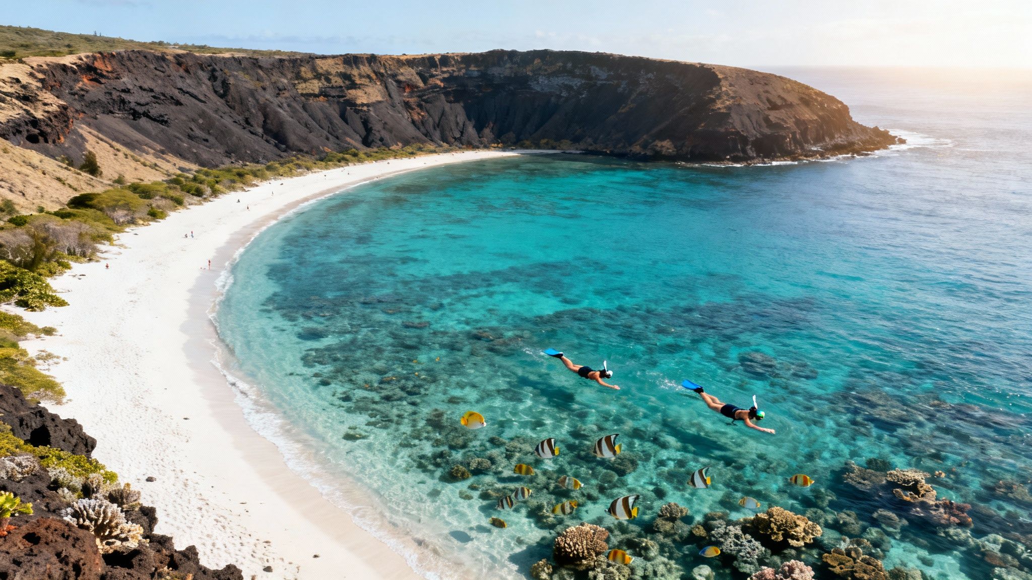 Two snorkelers swim in clear turquoise water near a white sand beach and dramatic cliffs.
