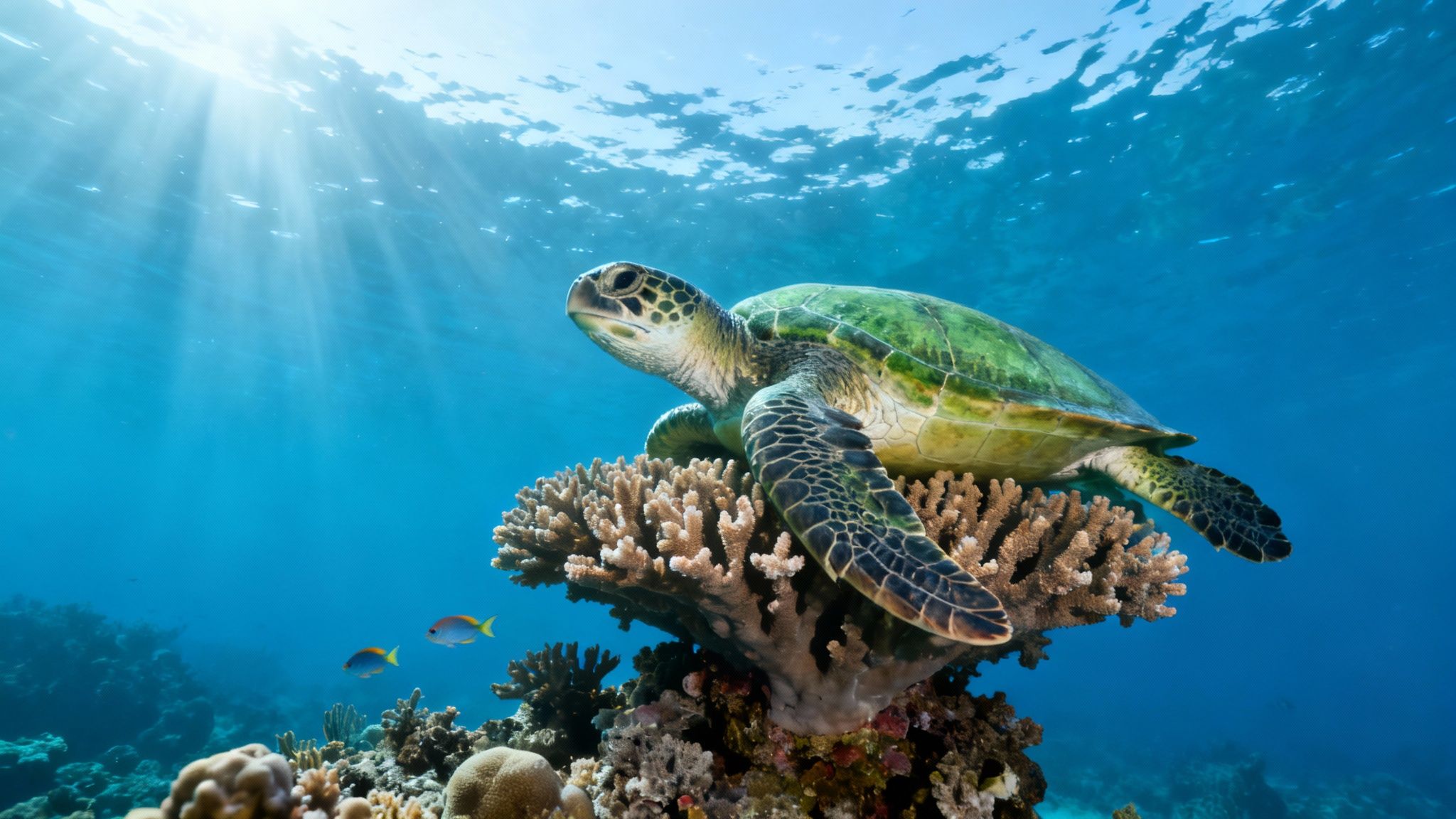 A vibrant green sea turtle rests on a coral reef underwater, bathed in sun rays from above.