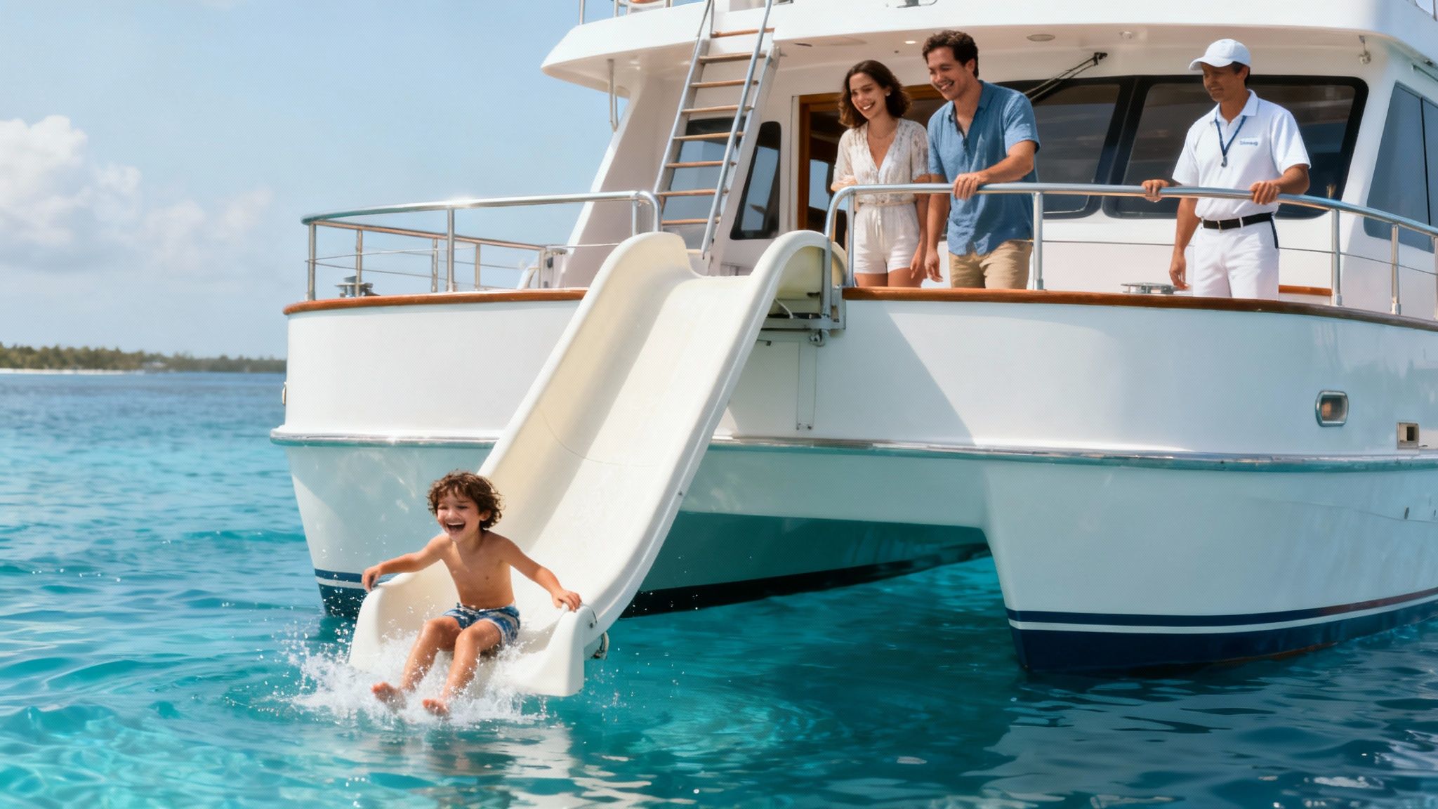 A happy boy slides from a yacht into clear blue ocean water, observed by family and crew.