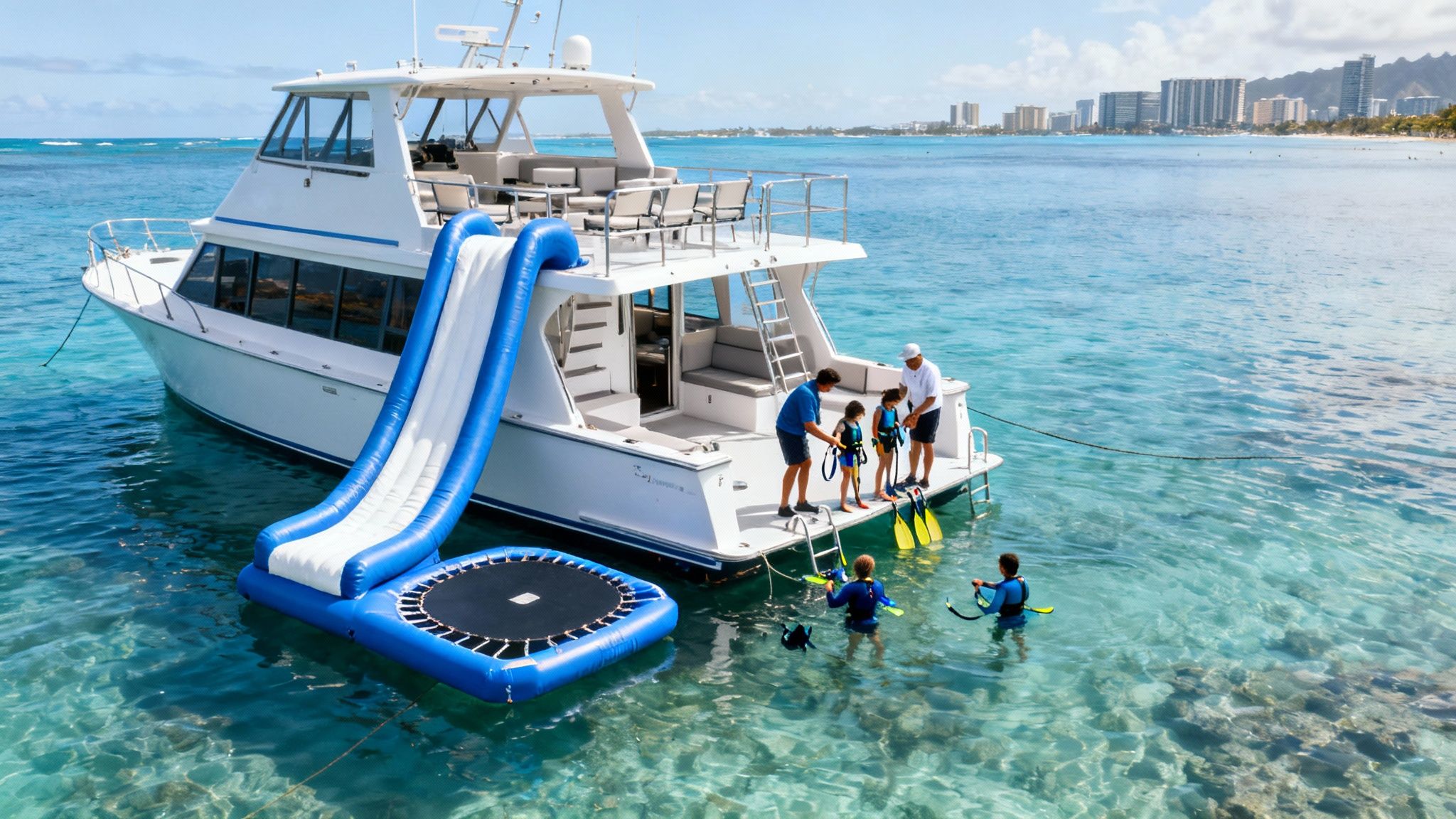 People preparing for snorkeling and playing on inflatable slide and trampoline from a yacht in clear blue Hawaiian waters.