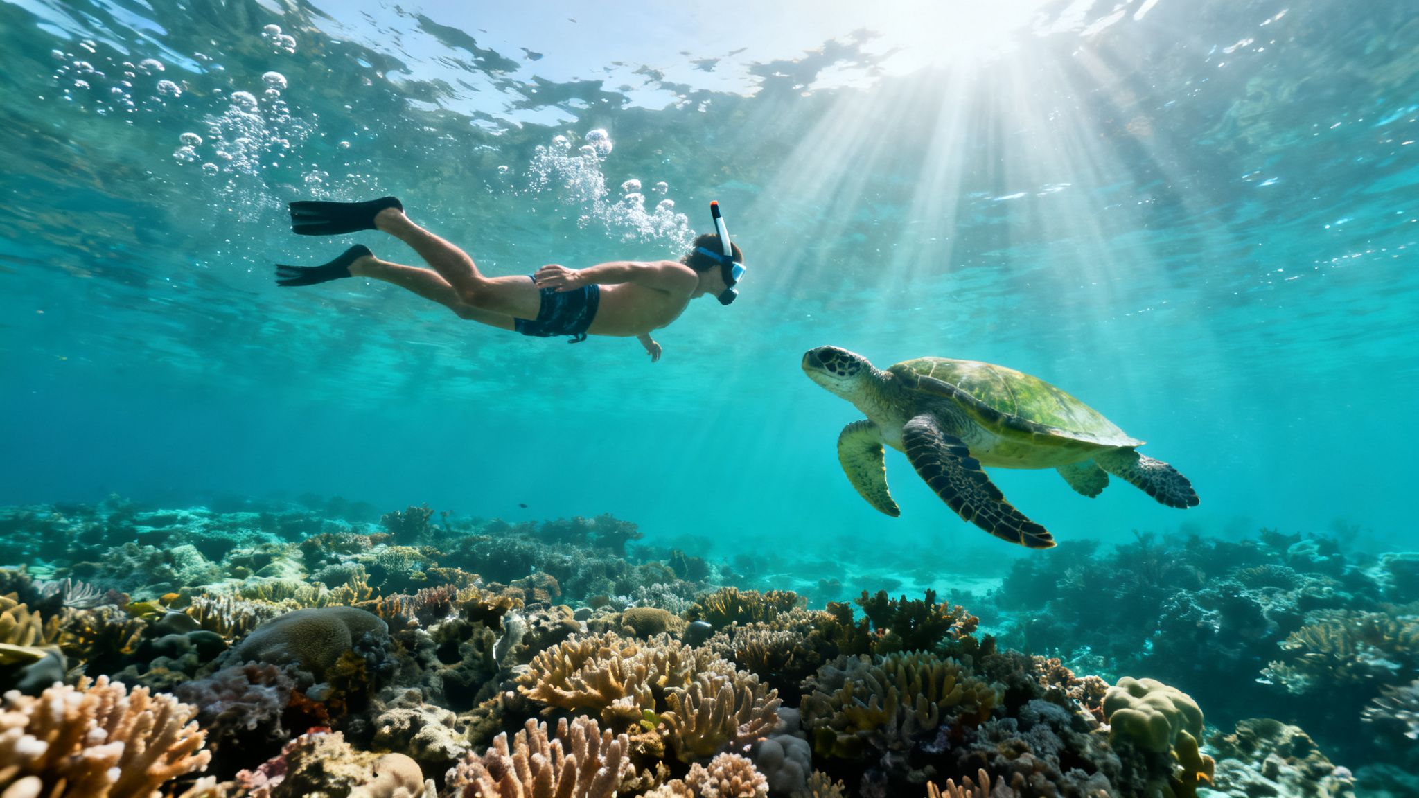 A man snorkeling in clear blue water with a sea turtle over a colorful coral reef.